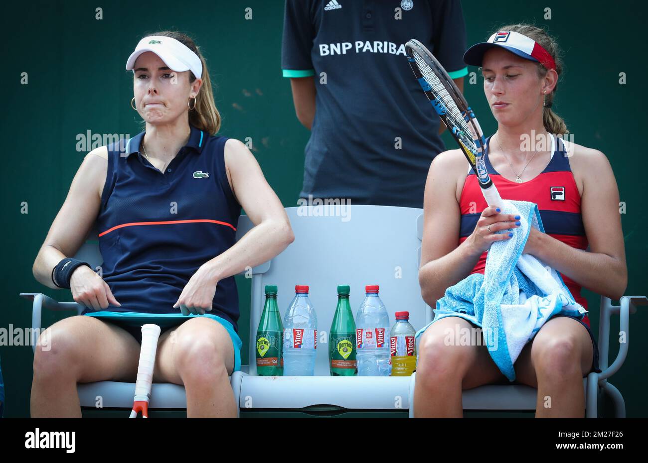 French Alize Cornet and Belgian Elise Mertens pictured during a doubles tennis game between Belgian Elise Mertens and French Alize Cornet versus US Bethanie Mattek-Sands and Czech Lucie Safarova, in the first round of the women's doubles tournament at the Roland Garros French Open tennis tournament, in Paris, France, Thursday 01 June 2017. The main table Roland Garros Grand Slam takes place from 29 May to 11 June 2017. BELGA PHOTO VIRGINIE LEFOUR Stock Photo