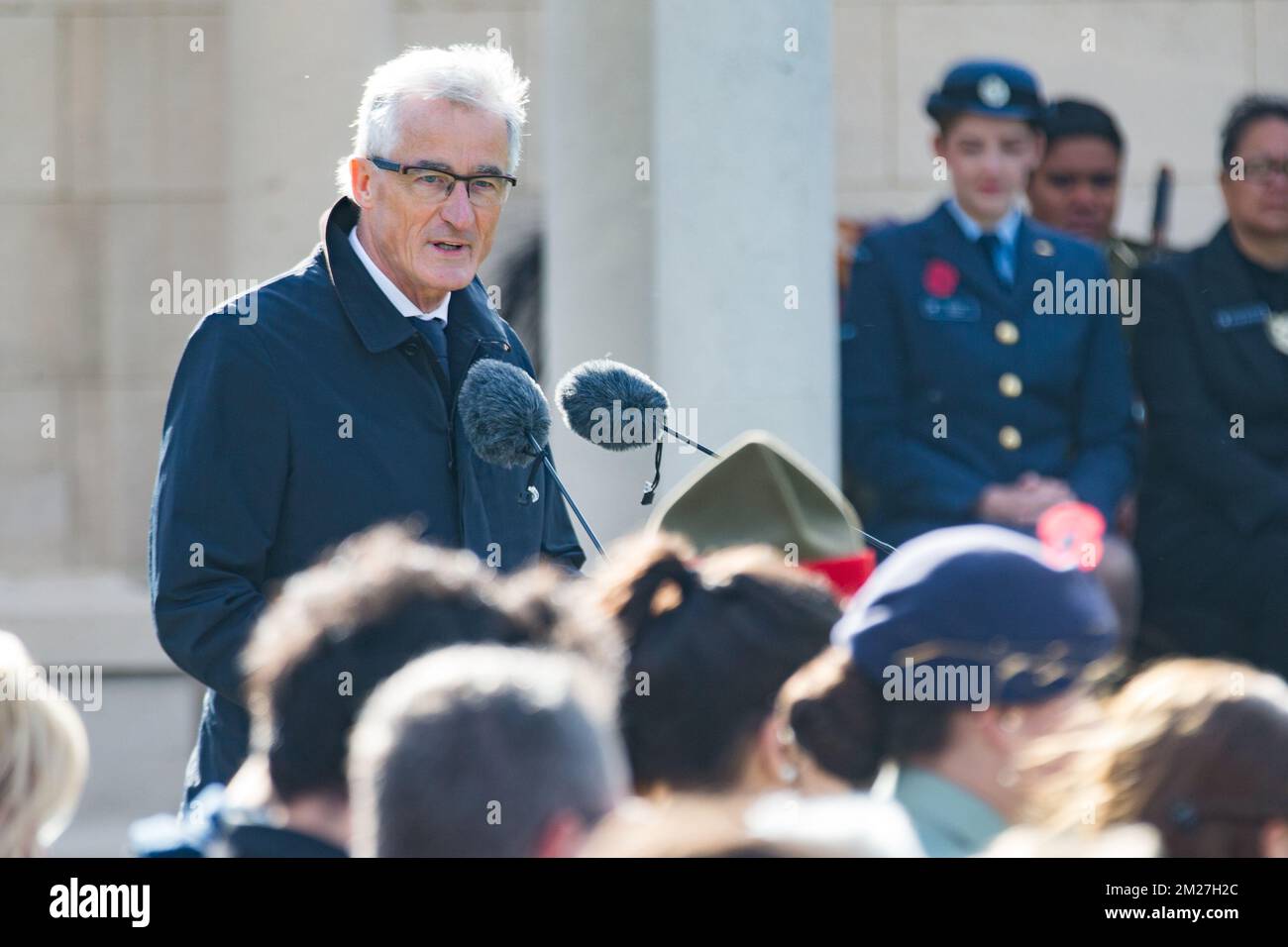 Flemish Minister-President Geert Bourgeois delivers a speech at the New-Zealand National commemoration of the centenary of the battle of Messines ridge, in Mesen (Messines), Wednesday 07 June 2017. Today (07/06/2017) marks the 100th anniversary of the start of the 'Mijnenslag' (Mines Battle) at Mesen, during the first World War. BELGA PHOTO KURT DESPLENTER Stock Photo