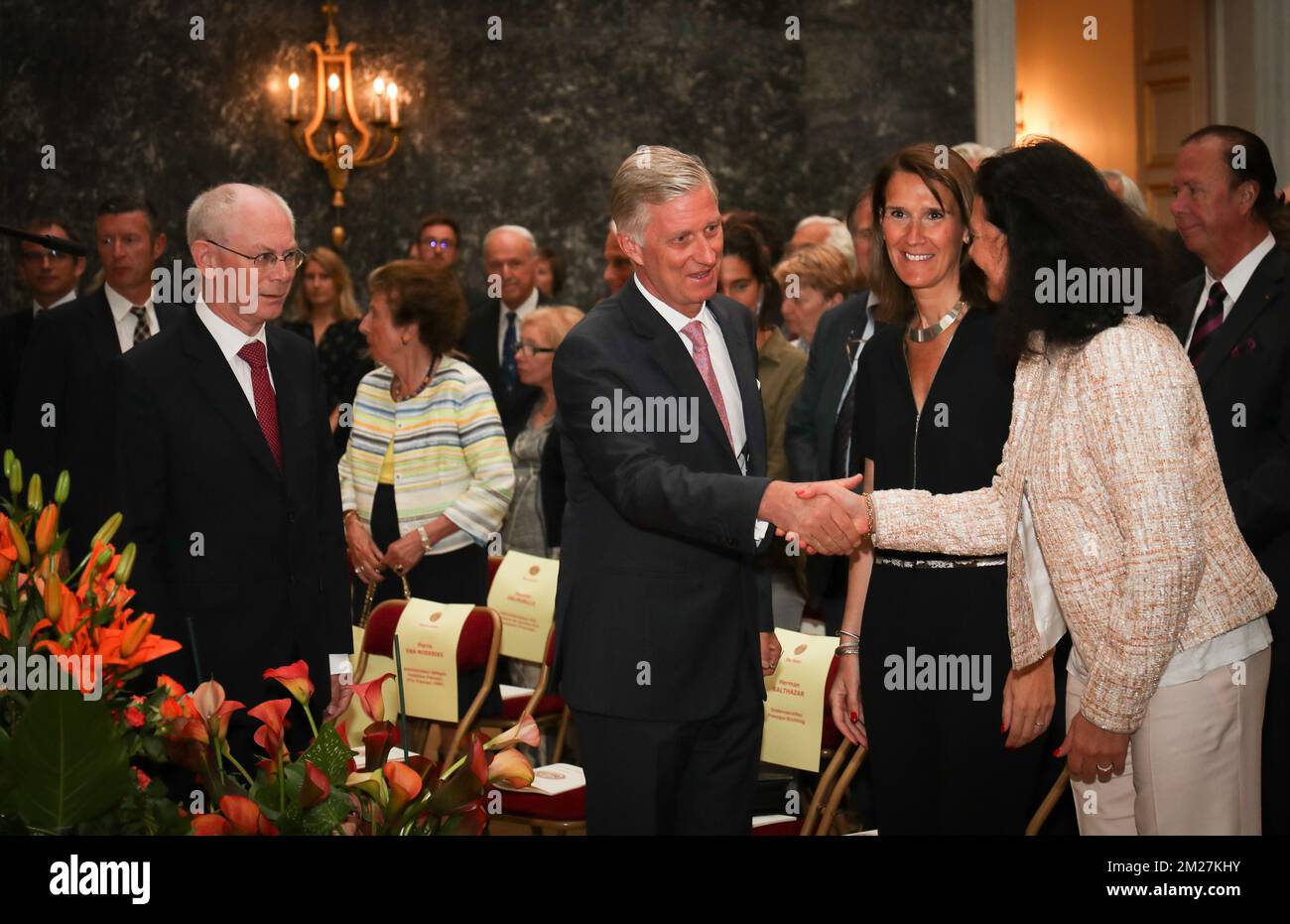 Former EU Council President Herman Van Rompuy, King Philippe - Filip of Belgium and Sophie Wilmes Belgian Minister of budget and Christine Defraigne a ceremony to award the 'Francqui Prize 2017', Tuesday 13 June 2017, in Brussels. The scientific prize, which is often referred to as the 'Belgian Nobel Prize', is awarded by The Francqui Foundation and is worth 250.000 euros. This year Liege University professor Laureys is rewarded. BELGA PHOTO VIRGINIE LEFOUR Stock Photo