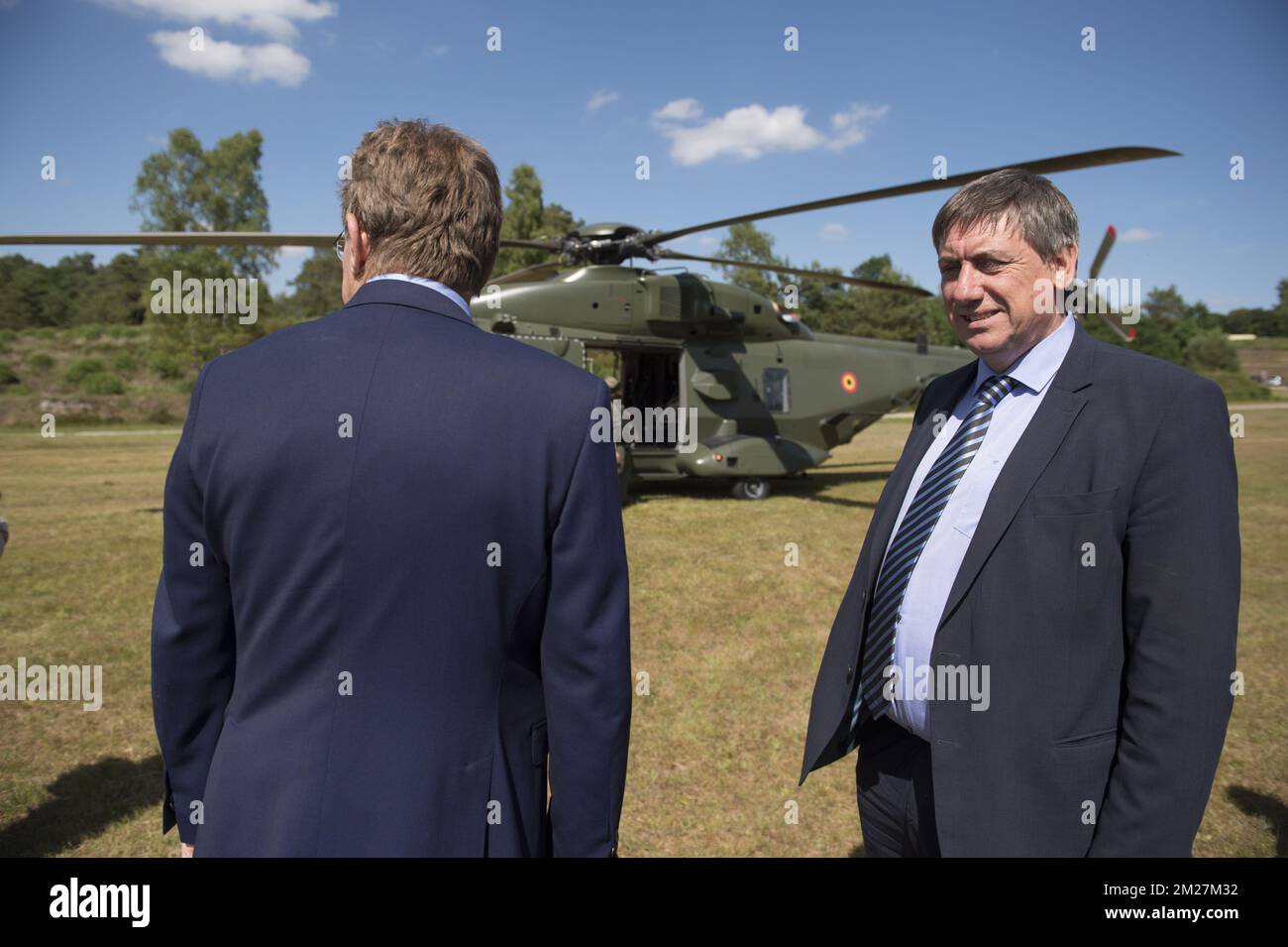 Finance Minister Johan Van Overtveldt and Vice-Prime Minister and Interior Minister Jan Jambon pictured during the presentation of an interdepartmental anti-terrorist workshop at Camp Lagland, in Arlon, Tuesday 13 June 2017. BELGA PHOTO ANTHONY DEHEZ Stock Photo
