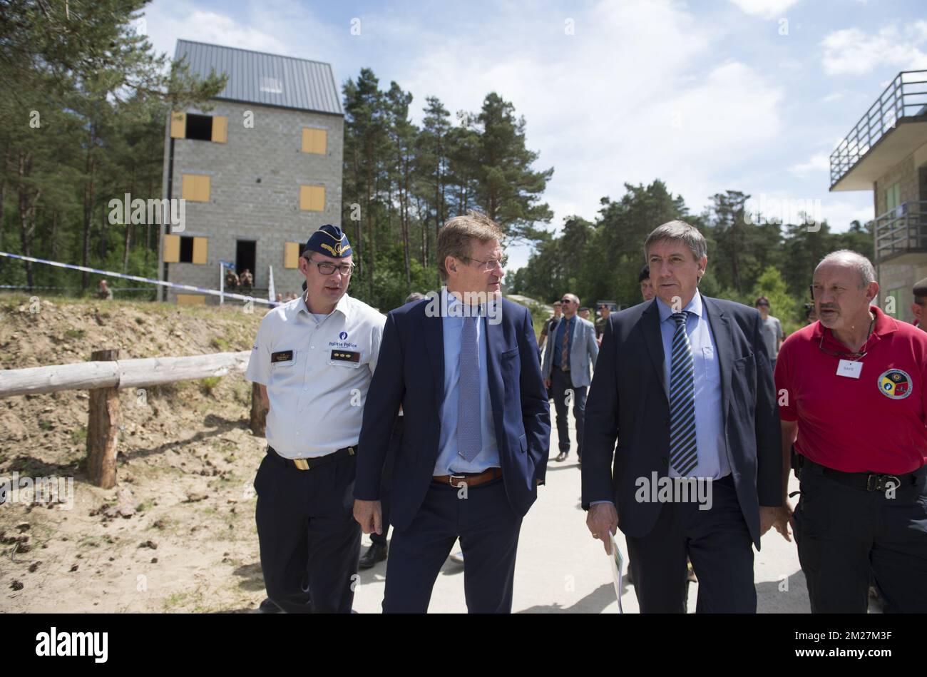 Finance Minister Johan Van Overtveldt and Vice-Prime Minister and Interior Minister Jan Jambon pictured during the presentation of an interdepartmental anti-terrorist workshop at Camp Lagland, in Arlon, Tuesday 13 June 2017. BELGA PHOTO ANTHONY DEHEZ Stock Photo