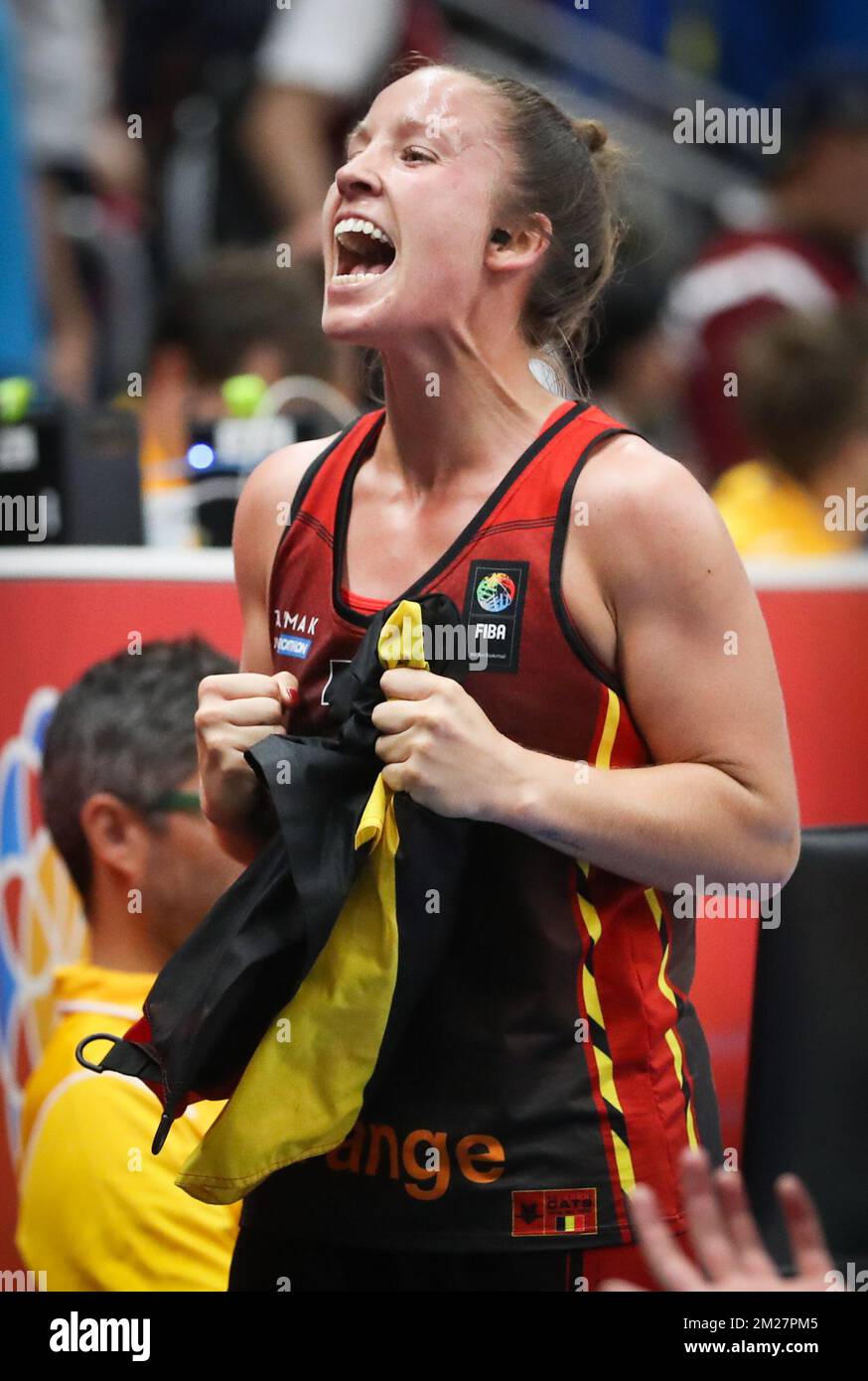 Belgian Cats Marjorie Carpreaux celebrates after winning a game between the Belgian Cats, Belgian national basket team, and Latvia, in the first round of the FIBA Eurobasket Women 2017, Monday 19 June 2017, in Prague, Czech Republic. BELGA PHOTO VIRGINIE LEFOUR Stock Photo