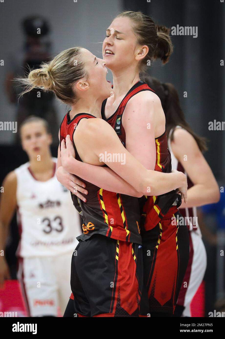 Belgian Cats Emma Meesseman and Belgian Cats Kim Mestdagh pictured during  the second basketball match between Belgium's national team The Belgian  Cats and Japan, at the women's Basketball Olympic qualification tournament  Saturday