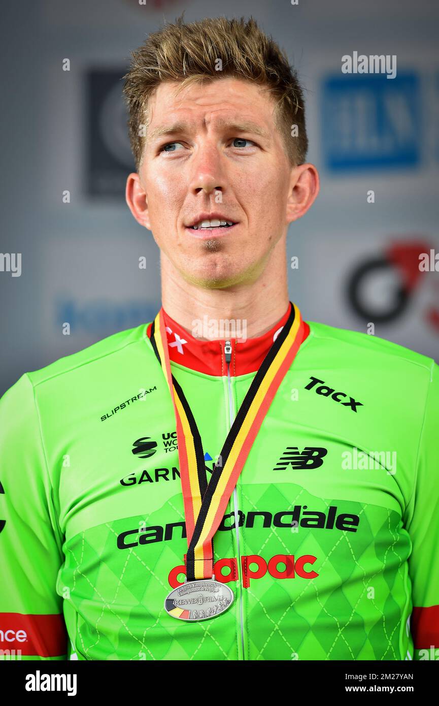 Belgian Sep Vanmarcke of Cannondale Drapac Pro Cycling Team, winner of the silver medal, pictured on the podium of the men's elite race at the Belgian cycling championships, Sunday 25 June 2017, in Antwerp. BELGA PHOTO DAVID STOCKMAN Stock Photo