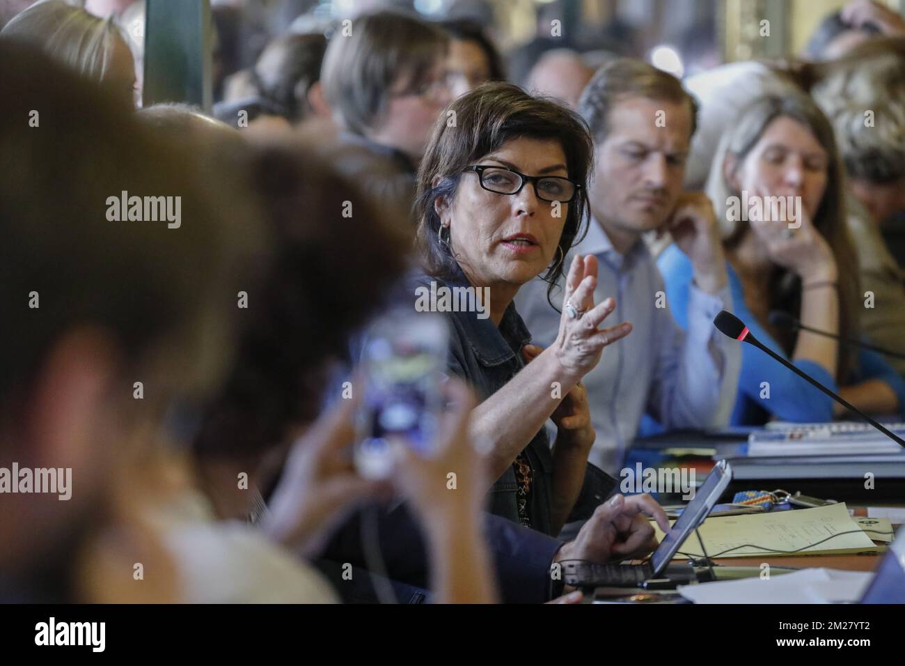 Joelle Milquet pictured during a meeting of the city council of Brussels, in Brussels city hall, Monday 26 June 2017. The first point on the council agenda is the officiating of the dismissal of Mayeur as Brussels city mayor. BELGA PHOTO THIERRY ROGE Stock Photo