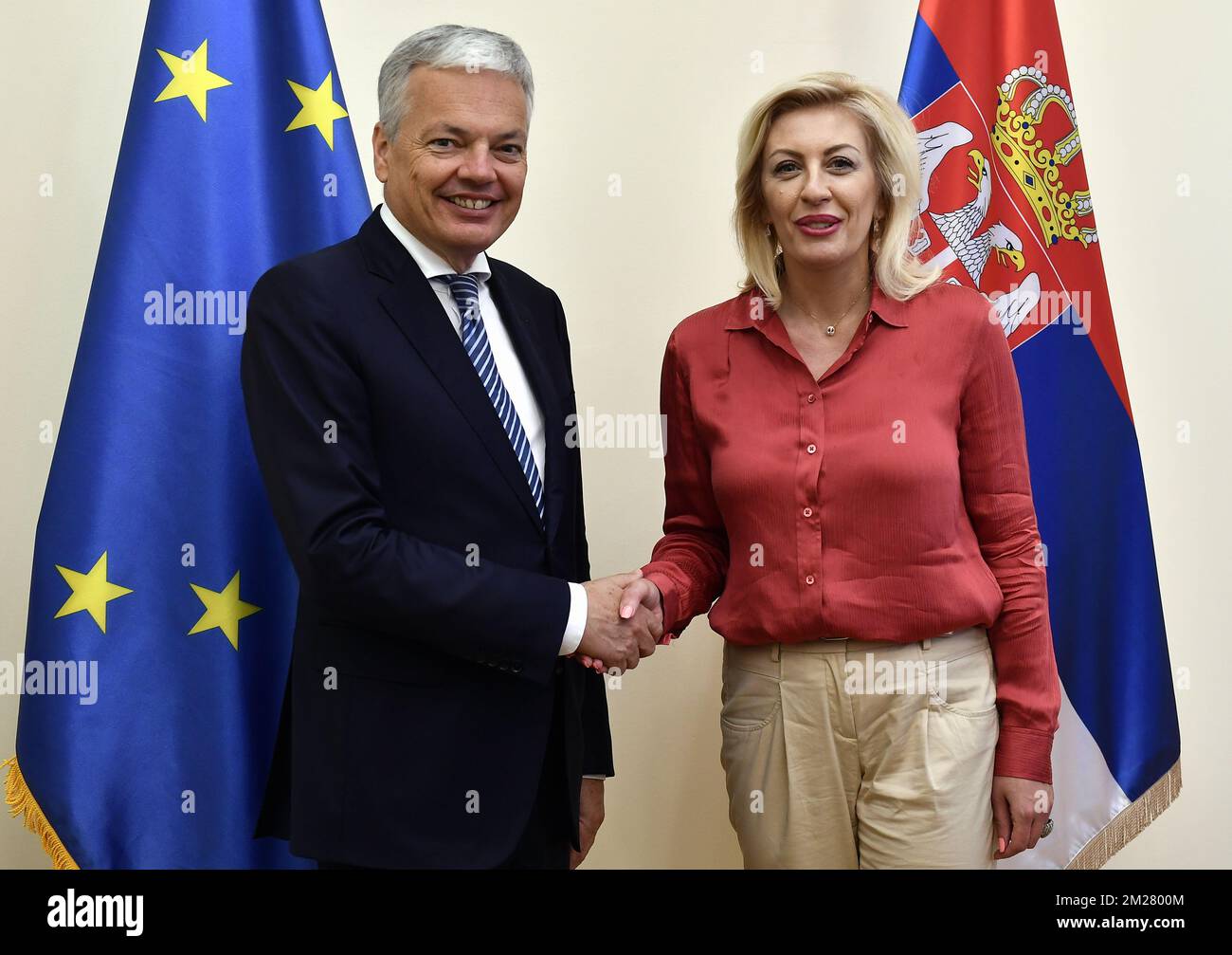 Vice-Prime Minister and Foreign Minister Didier Reynders and Serbian Minister for EU Affairs Jadranka Joksimovic shake hands on the second day of a two day working visit of Belgian Foreign Minister Reynders to Croatia and Serbia, Tuesday 27 June 2017 in Belgrade, Serbia. BELGA PHOTO ERIC LALMAND Stock Photo