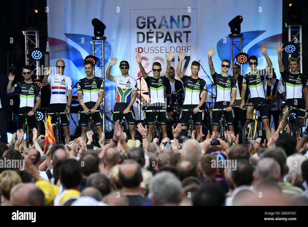 Team Dimension Data riders pictured on the podium at the presentation of  the teams, before the start of the 104rth edition of the Tour de France  cycling race, Thursday 29 June 2017