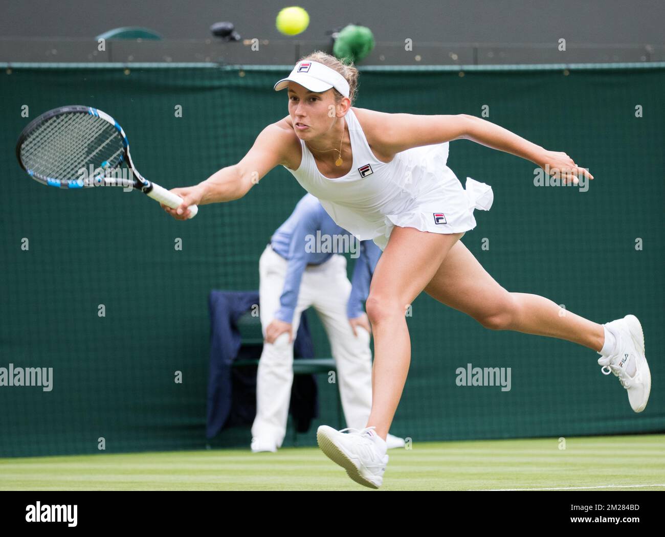 Belgian Elise Mertens pictured in action during a first round game of ladies' singles between Belgian Elise Mertens (WTA 54) and US Venus Williams (WTA 11) at Wimbledon grand slam tennis tournament at the All England Tennis Club, in southwest London, Britain, Monday 03 July 2017. BELGA PHOTO BENOIT DOPPAGNE Stock Photo