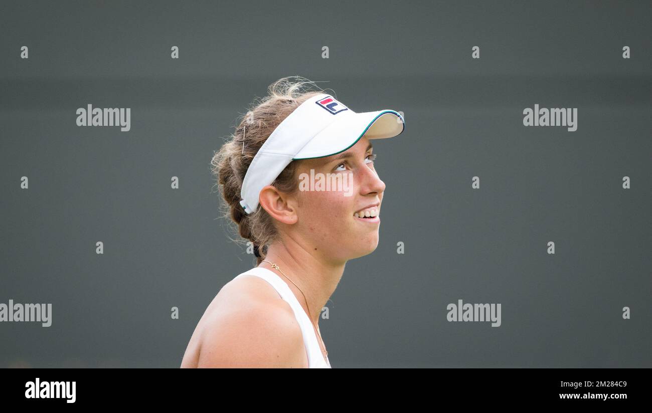 Belgian Elise Mertens pictured in action during a first round game of ladies' singles between Belgian Elise Mertens (WTA 54) and US Venus Williams (WTA 11) at Wimbledon grand slam tennis tournament at the All England Tennis Club, in southwest London, Britain, Monday 03 July 2017. BELGA PHOTO BENOIT DOPPAGNE Stock Photo