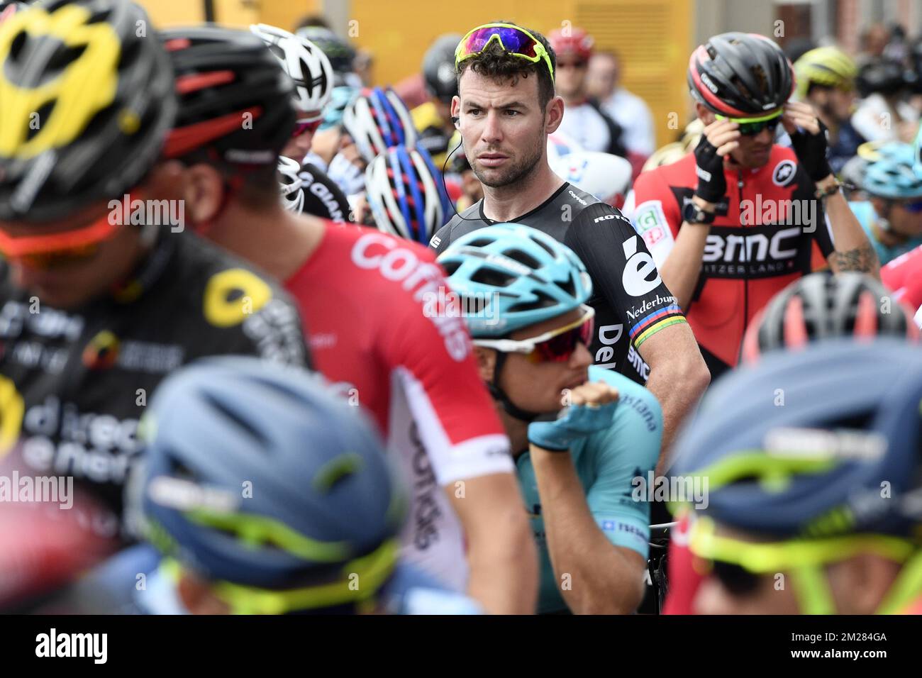 Great Britain Mark Cavendish of Dimension Data pictured before the start of the third stage of the 104th edition of the Tour de France cycling race, 212,5 km from Verviers, Belgium to Longwy, France, Monday 03 July 2017. This year's Tour de France takes place from July first to July 23rd. BELGA PHOTO YORICK JANSENS Stock Photo