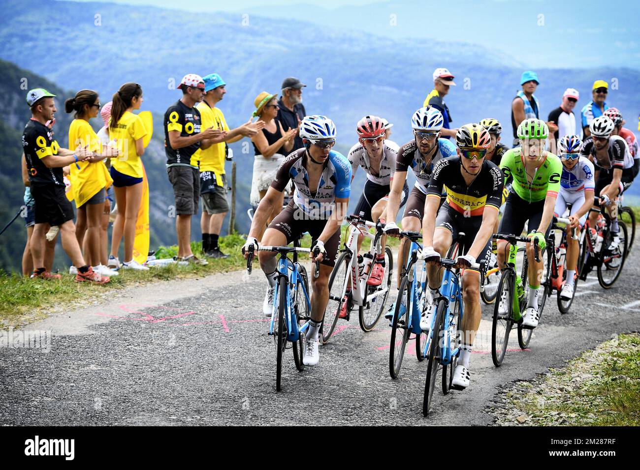 Belgian Oliver Naesen of AG2R La Mondiale pictured in action during the eighth stage of the 104th edition of the Tour de France cycling race, 187,5km from Dole to Station des Rousses, France, Saturday 08 July 2017. This year's Tour de France takes place from July first to July 23rd. BELGA PHOTO YORICK JANSENS Stock Photo