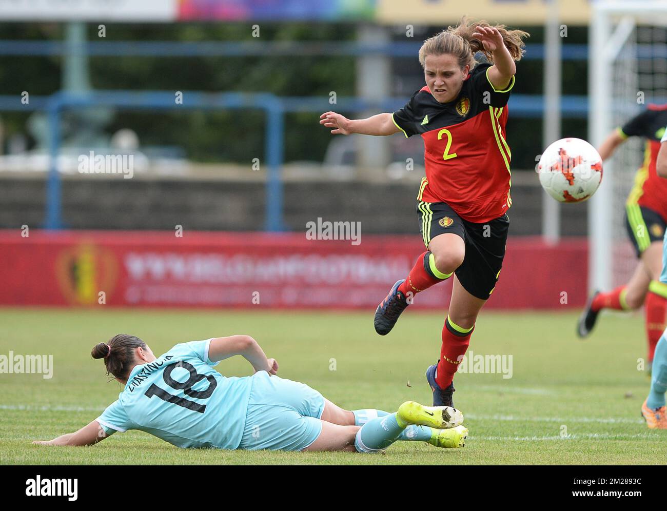Belgium's Davina Philtjens avoids the tackle from Russian Elvira Ziyastinova during a friendly game between the Belgian national women's soccer team Red Flames and Russia, on Tuesday 11 July 2017 in Denderleeuw. The Red Flames are preparing for the Women's European Championship 2017 in the Netherlands. BELGA PHOTO DAVID CATRY Stock Photo