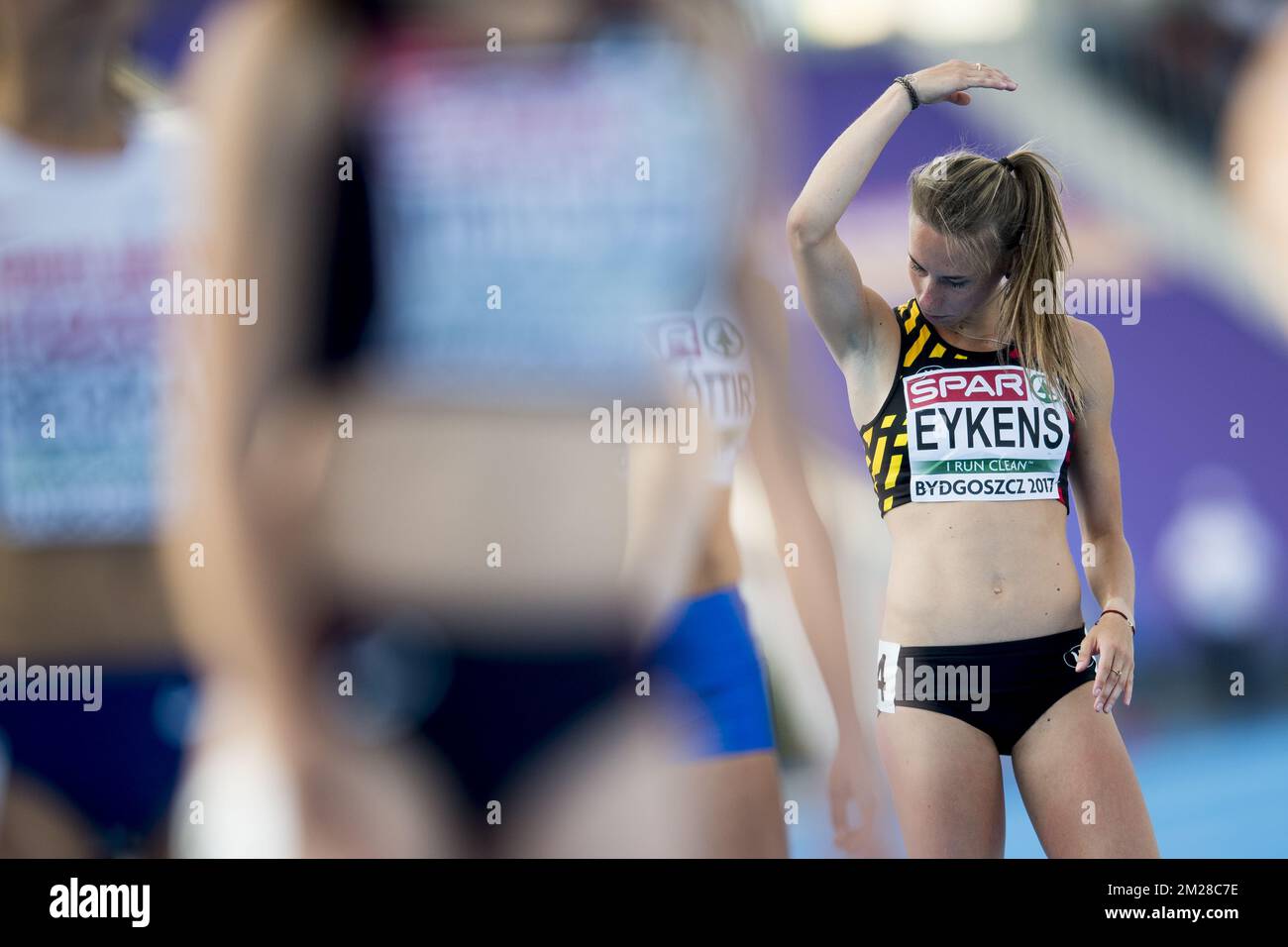 Belgian Renee Eykens (R) pictured at the women's 800m race on the third day of the Under 23 European Championships Athletics, in Bydgoszcz, Poland, Saturday 15 July 2017. BELGA PHOTO JASPER JACOBS Stock Photo