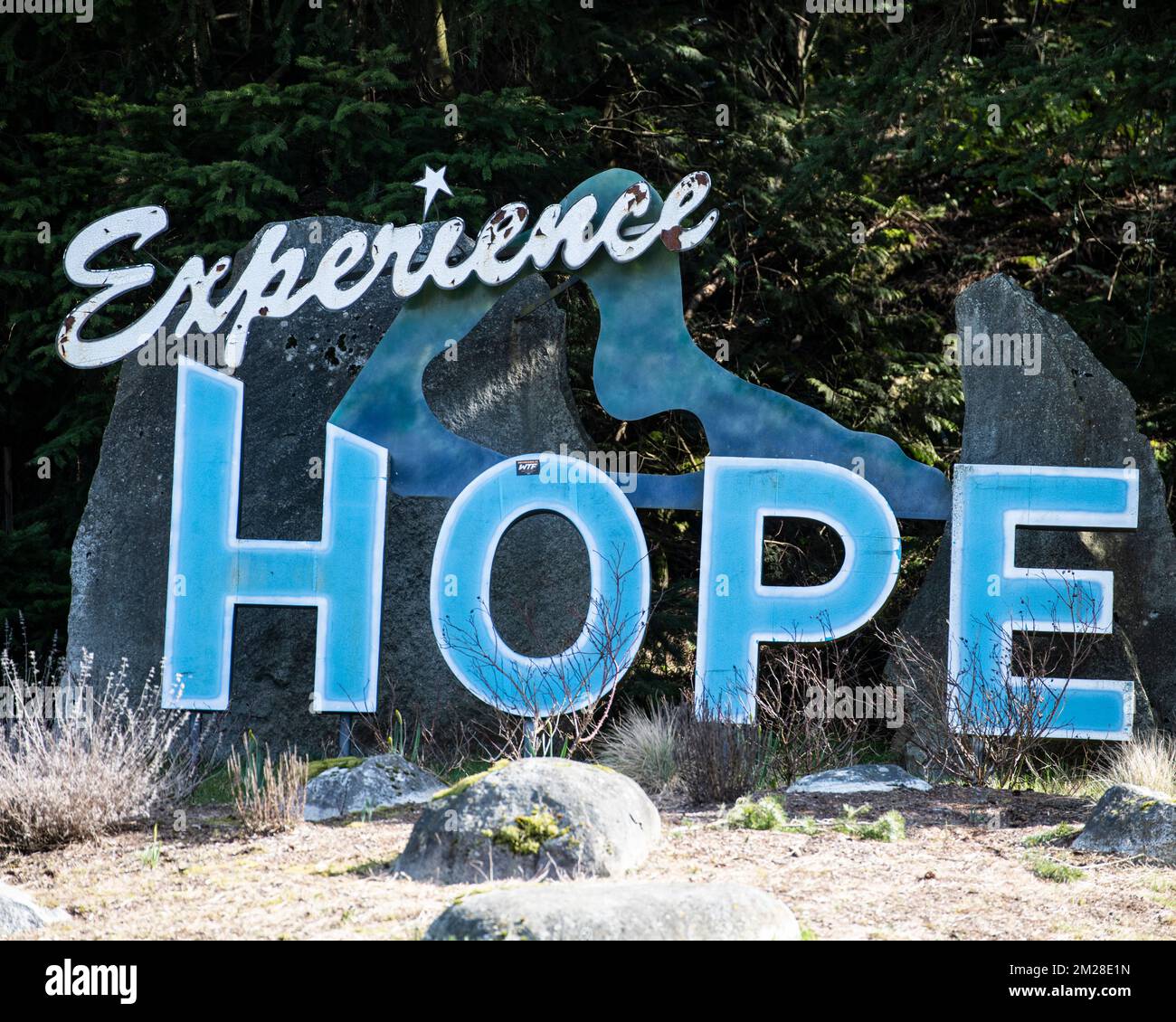 Experience Hope sign in Hope, British Columbia, Canada Stock Photo