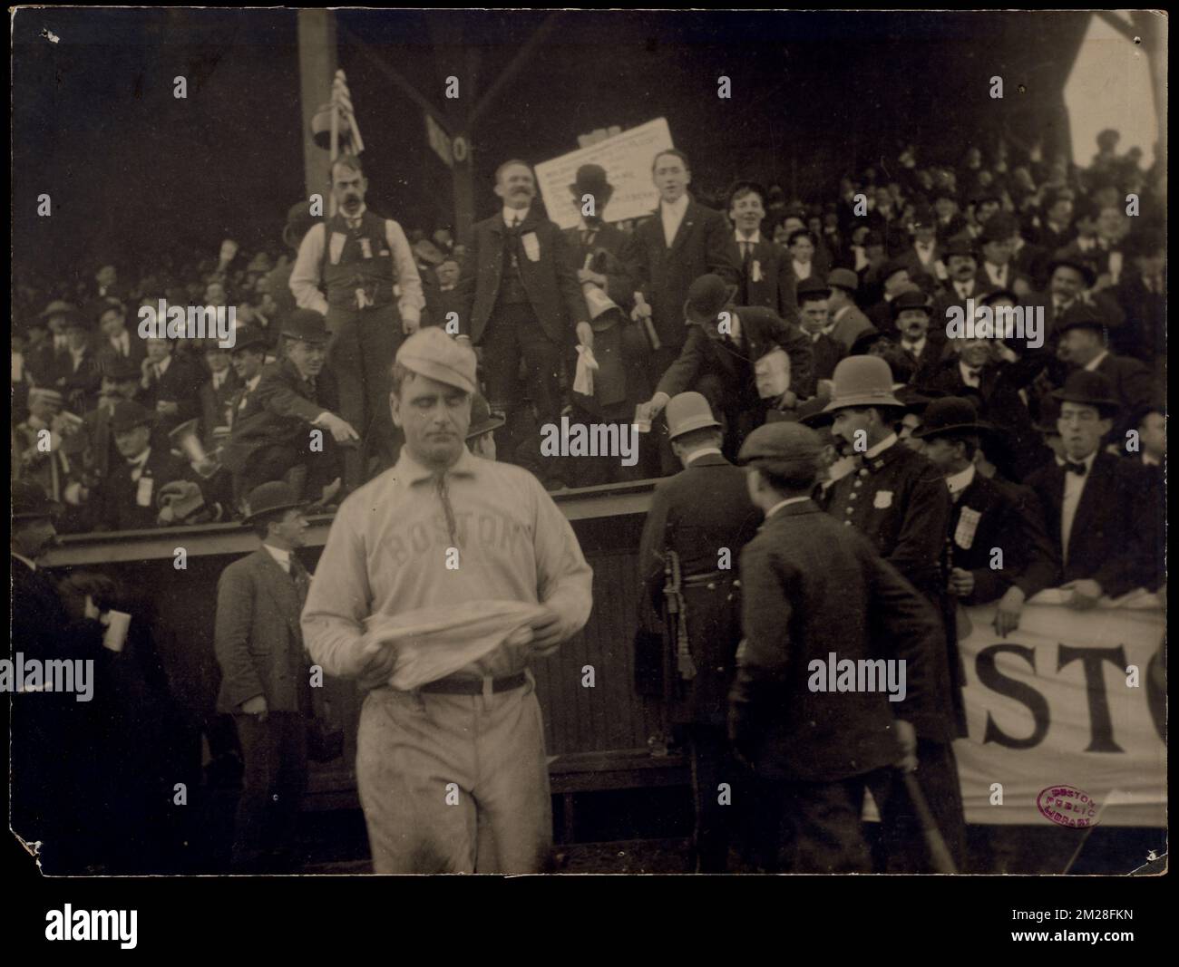 Chick Stahl in front of visitors dugout at the Pittsburgh Ball Grounds ...