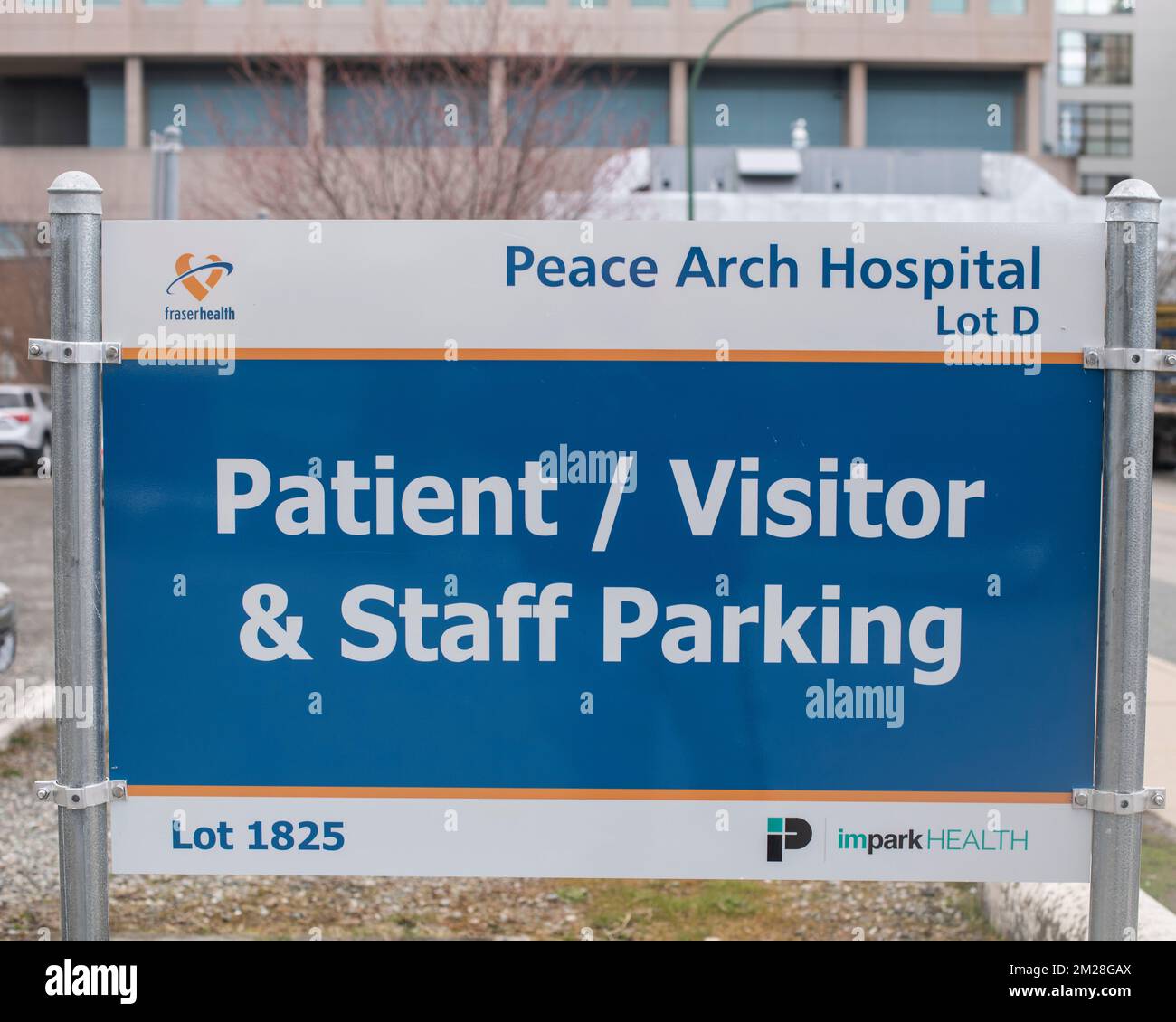 Patient, visitor and staff parking sign at Peace Arch Hospital in White Rock, British Columbia, Canada Stock Photo