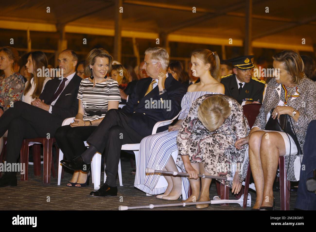 Prince Lorenz of Belgium (3L),Queen Mathilde of Belgium, King Philippe - Filip of Belgium, Crown Princess Elisabeth and Princess Astrid of Belgium pictured during the firework on the Belgian National Day, in Brussels, Friday 21 July 2017. BELGA PHOTO NICOLAS MAETERLINCK Stock Photo