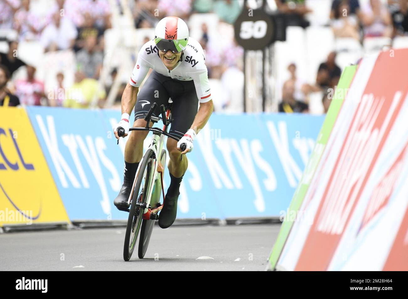 UNCROPPED VERSION - Polish Michal Kwiatkowski of Team Sky crosses the finish line, of the twentieth stage of the 104th edition of the Tour de France cycling race, an individual time trial in Marseille, France, Saturday 22 July 2017. This year's Tour de France takes place from July first to July 23rd. BELGA PHOTO YORICK JANSENS  Stock Photo