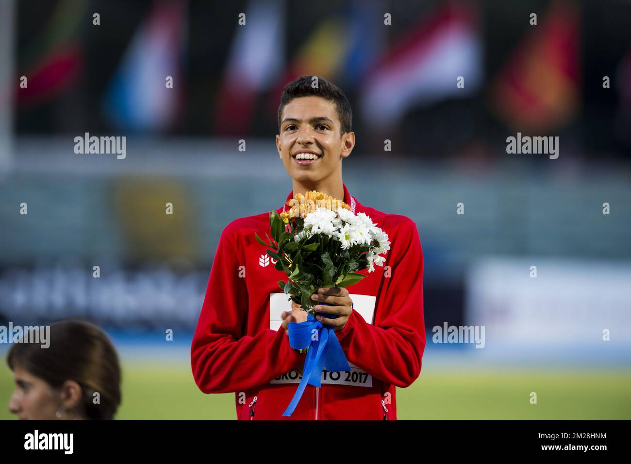 Belgian Jonathan Sacoor celebrate on the podium after on the third day of the U20 European Championships Athletics, in Grosseto, Italy, Saturday 22 July 2017. This year, the biyearly Championships for athletes who are 19 years old or younger are taking place from 20 to 23 July. BELGA PHOTO JASPER JACOBS Stock Photo