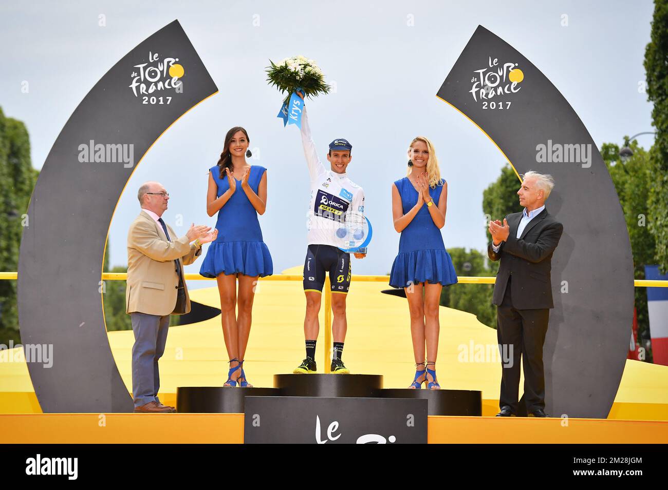 Great Britain Simon Yates of Orica - Scott celebrates on the podium in the white jersey for best young rider after the 104th edition of the Tour de France cycling race, in Paris, France, Sunday 23 July 2017. This year's Tour de France takes place from July first to July 23rd. BELGA PHOTO DAVID STOCKMAN  Stock Photo