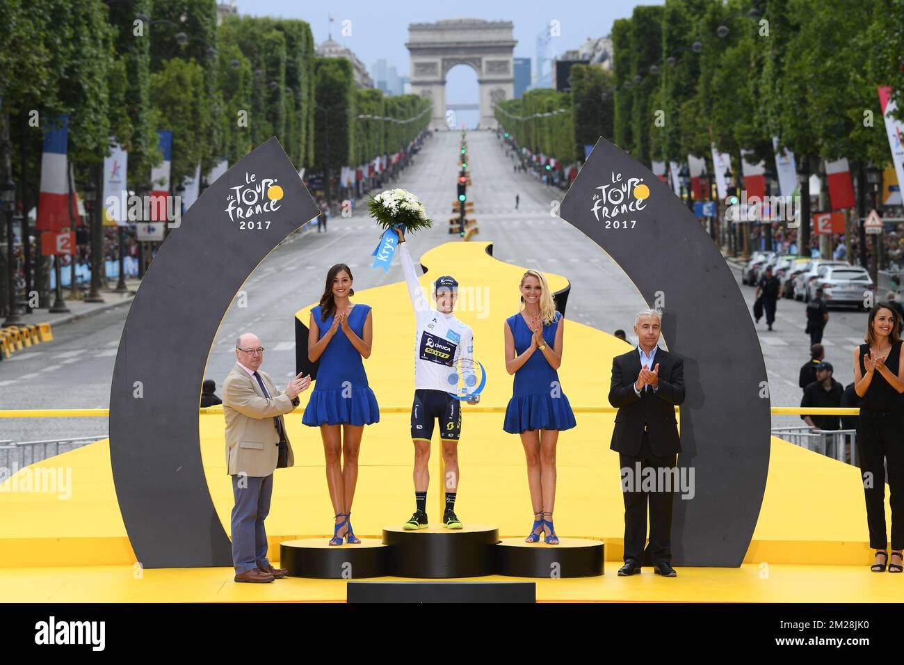 Great Britain Simon Yates of Orica - Scott celebrates on the podium in the white jersey for best young rider after the 104th edition of the Tour de France cycling race, in Paris, France, Sunday 23 July 2017. This year's Tour de France takes place from July first to July 23rd. BELGA PHOTO POOL FRANCK FAUGERE  Stock Photo