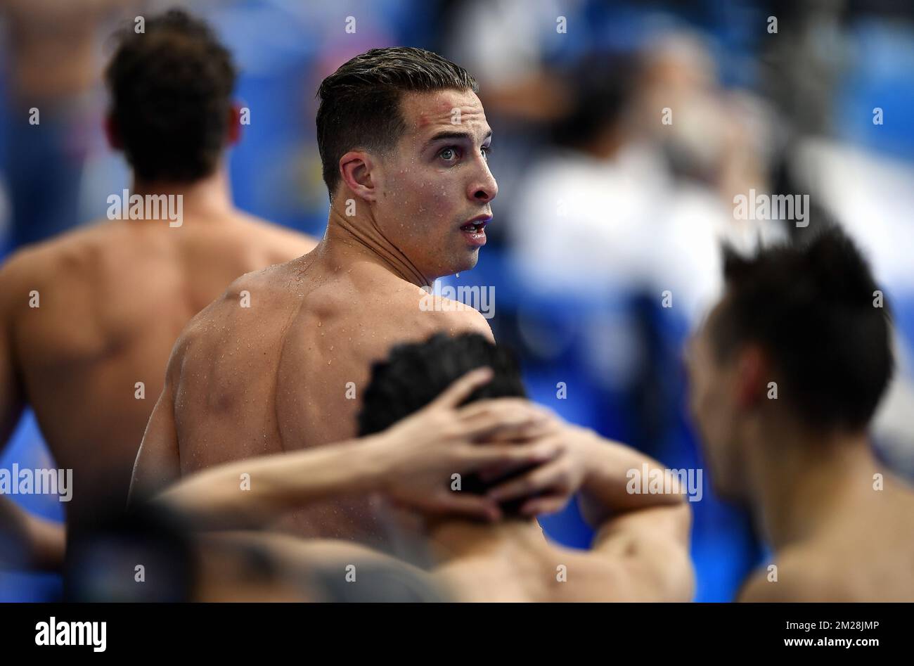 Belgian swimmer Pieter Timmers reacts after the heats of the men's 200m freestyle competition at the World Championships in Budapest, Hungary, Monday 24 July 2017. BELGA PHOTO ERIC LALMAND Stock Photo