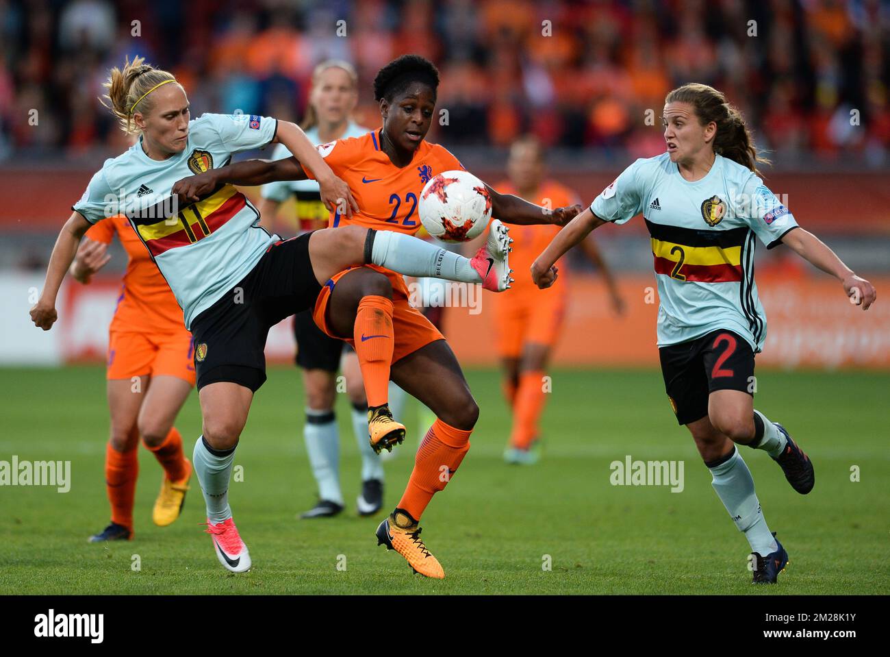 Belgium's Janice Cayman, Dutch Liza van der Most and Belgium's Davina Philtjens pictured in action during a soccer game between Belgian national women's soccer team Red Flames and The Netherlands, the third game in group A in the group stage of the Women's European Championship 2017 in the Netherlands, Monday 24 July 2017 in Tilburg, The Netherlands. BELGA PHOTO DAVID CATRY Stock Photo
