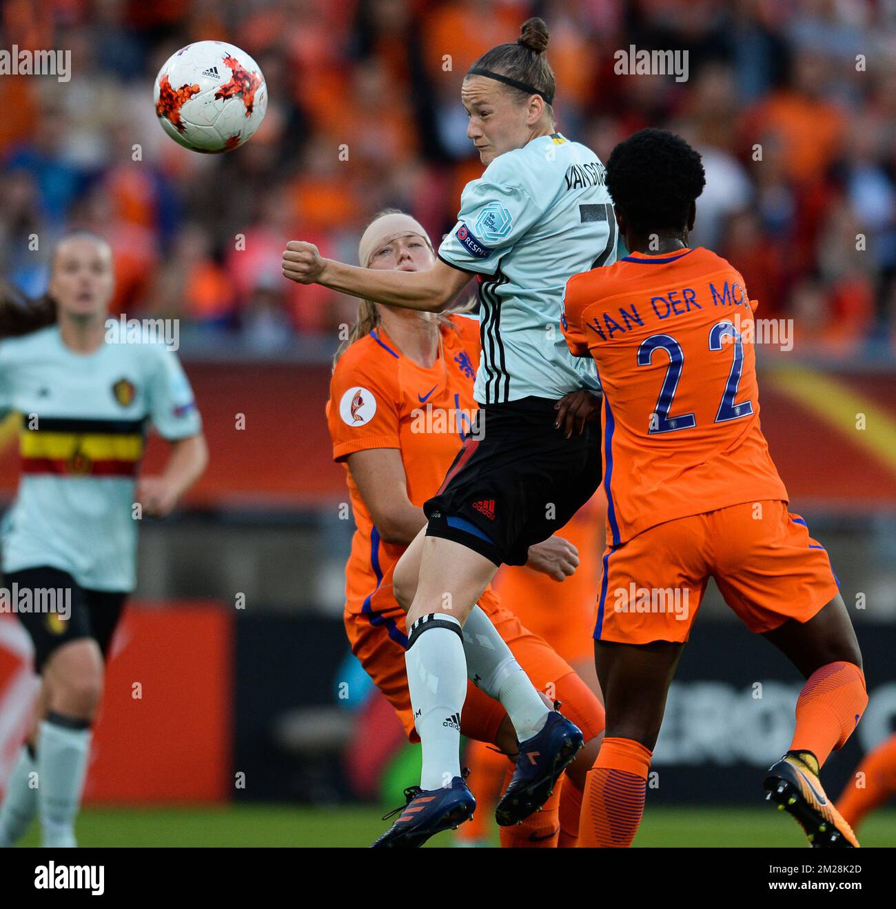 Belgium's Elke Van Gorp and Dutch Liza van der Most pictured in action during a soccer game between Belgian national women's soccer team Red Flames and The Netherlands, the third game in group A in the group stage of the Women's European Championship 2017 in the Netherlands, Monday 24 July 2017 in Tilburg, The Netherlands. BELGA PHOTO DAVID CATRY Stock Photo