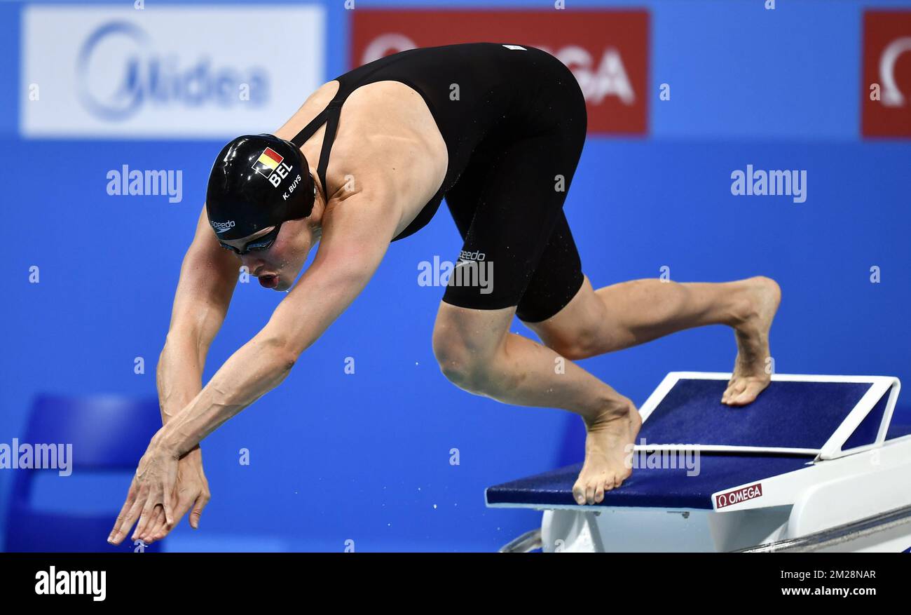 swimmer Kimberly Buys pictured during the 50 m butterfly women heat, on the day six of the World Championships in Budapest, Hungary, Friday 28 July 2017. BELGA PHOTO ERIC LALMAND Stock Photo