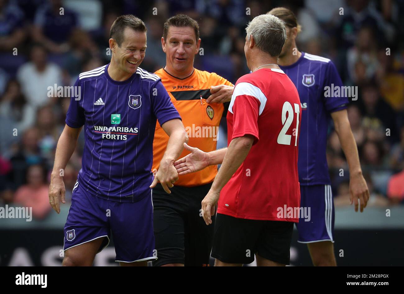 Gilles De Bilde and Thierry Dailly pictured during during a derby Legends game between RSCA and RWDM at the fan day of soccer team RSC Anderlecht, Sunday 30 July 2017 in Anderlecht, Brussels. BELGA PHOTO VIRGINIE LEFOUR Stock Photo