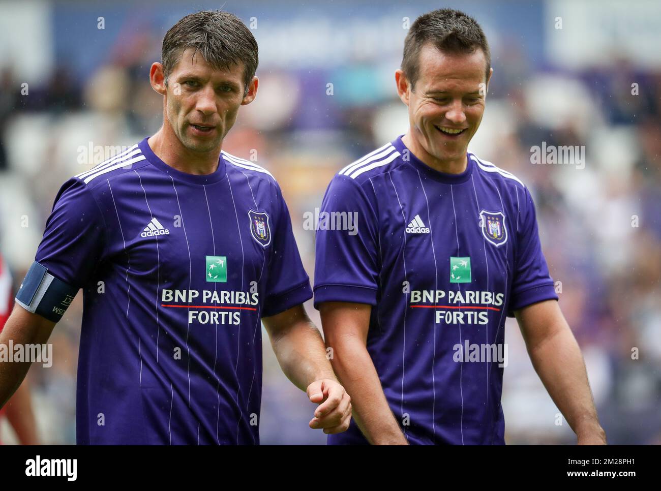 Anderlecht's U14 trainer Oleg Iachtchouk and Gilles De Bilde pictured during a derby Legends game between RSCA and RWDM at the fan day of soccer team RSC Anderlecht, Sunday 30 July 2017 in Anderlecht, Brussels. BELGA PHOTO VIRGINIE LEFOUR Stock Photo