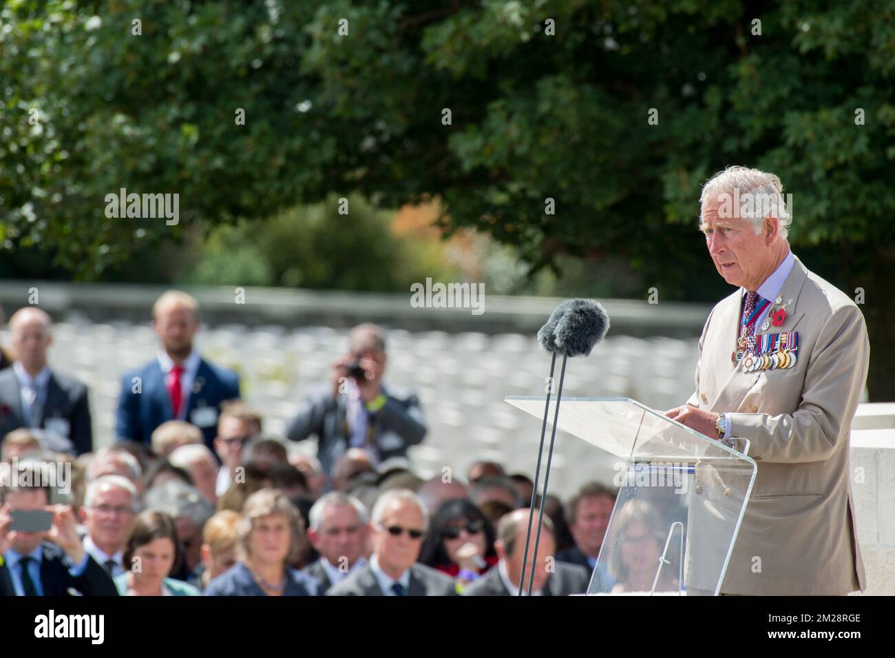 Britain's Prince Charles, Prince of Wales delivers a speech at the commemorations at the Tyne Cot Commonwealth War Graves Cemetery part of the commemoration for the centary of Passchendaele, the third battle of Ypres on 30th and 31st July 2017, Monday 31 July 2017. BELGA PHOTO POOL MELANIE WENGER Stock Photo