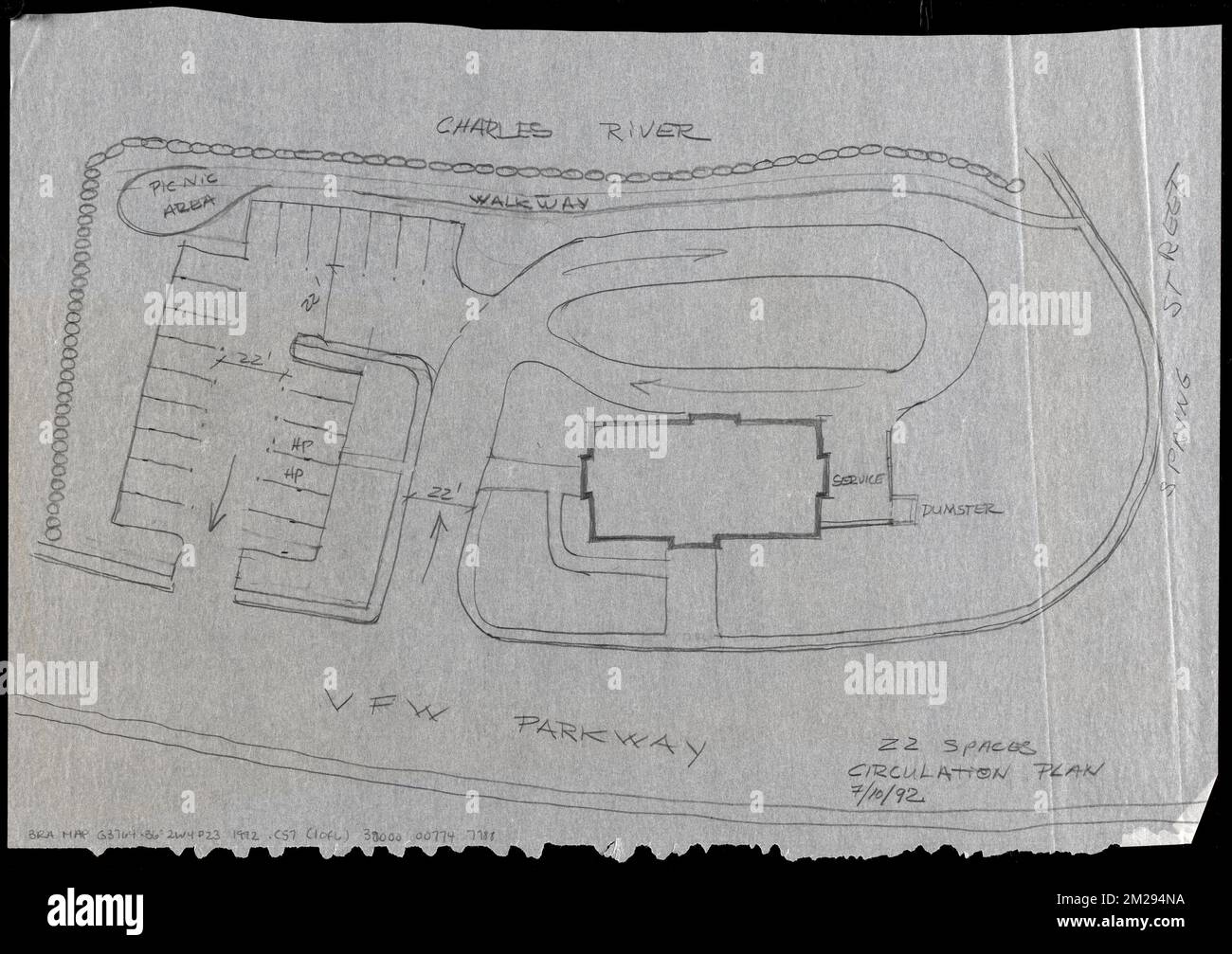 Circulation plan of parking lot at the corner of VFW Parkway and Spring