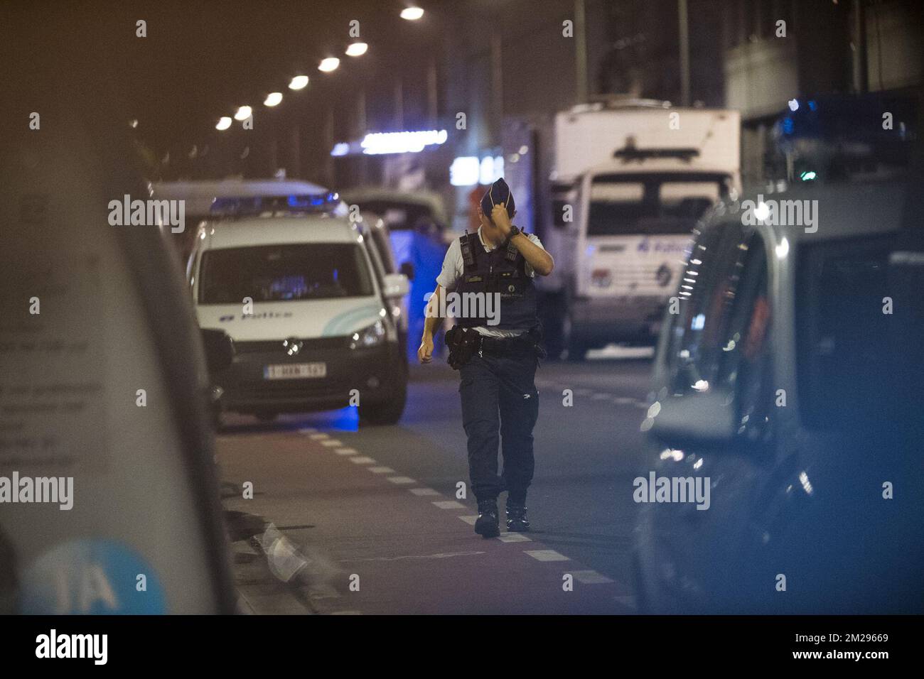 the scene where a man attacked soldiers with a knife and was shot in the Boulevard Emile Jacqmain - Emile Jacqmainlaan in the city centre of Brussels, Friday 25 August 2017. BELGA PHOTO LAURIE DIEFFEMBACQ Stock Photo