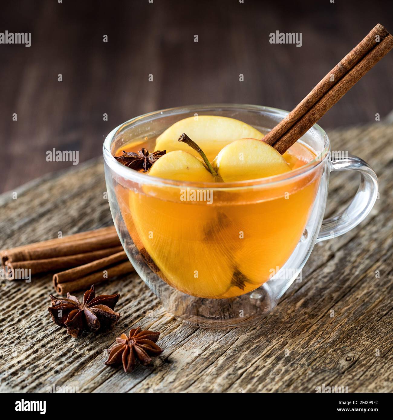 Hot apple cider garnished with a cinnamon stick, star anise and apple