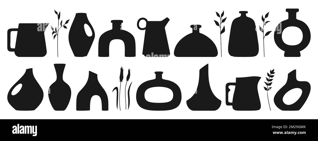 Vase shape and ceramic pot, jug or jar bottles silhouette set. Cozy