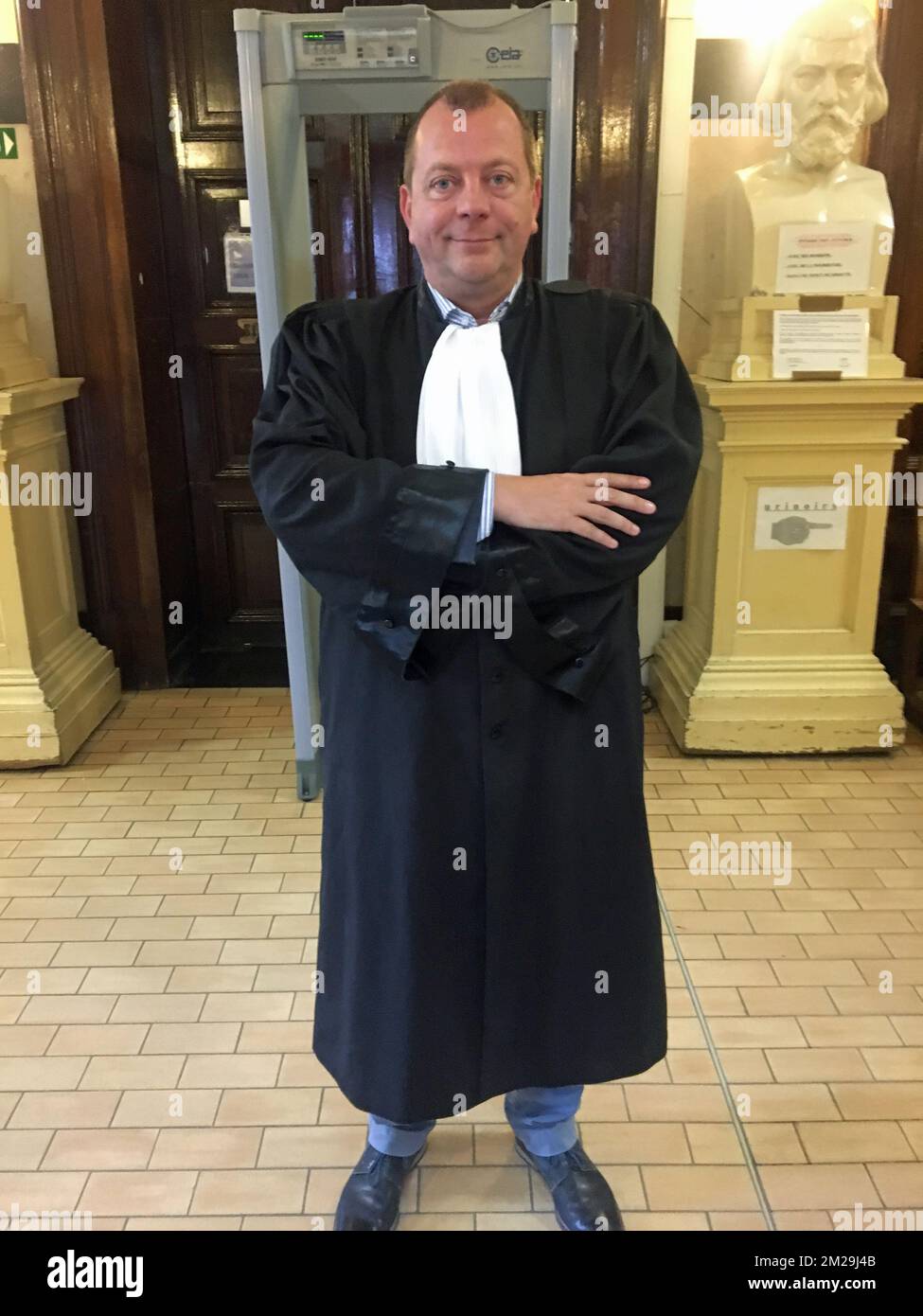 Lawyer Jean-Philippe Riviere, defending Nathan D., pictured at the Mons' Court of First Instance, . Nathan D. is accused of the murder on Mouscron mayor Alfred Gadenne. In the evening of Tuesday September 11th Gadenne went to close the 'Cimetiere de Luingne' cemetary in Mouscron, where his throat was slit. BELGA PHOTO CAROLINE TICHON  Stock Photo