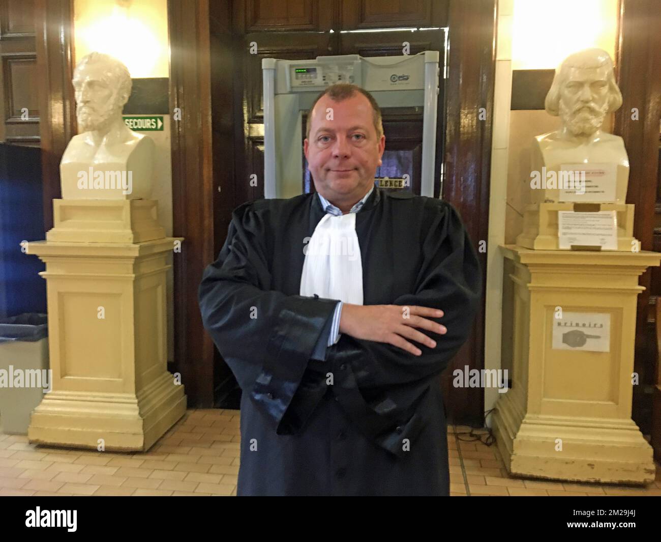 Lawyer Jean-Philippe Riviere, defending Nathan D., pictured at the Mons' Court of First Instance, . Nathan D. is accused of the murder on Mouscron mayor Alfred Gadenne. In the evening of Tuesday September 11th Gadenne went to close the 'Cimetiere de Luingne' cemetary in Mouscron, where his throat was slit. BELGA PHOTO CAROLINE TICHON  Stock Photo
