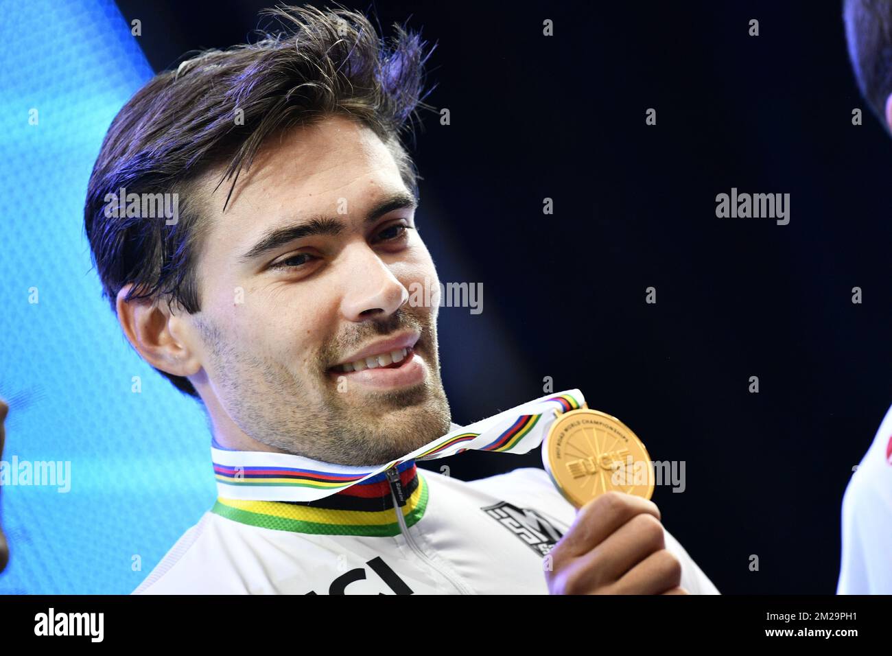 Dutch Tom Dumoulin celebrates on the podium with his gold medal after winning the Men Elite individual time trial race at the 2017 UCI Road World Cycling Championships in Bergen, Norway, Wednesday 20 September 2017. BELGA PHOTO YORICK JANSENS Stock Photo