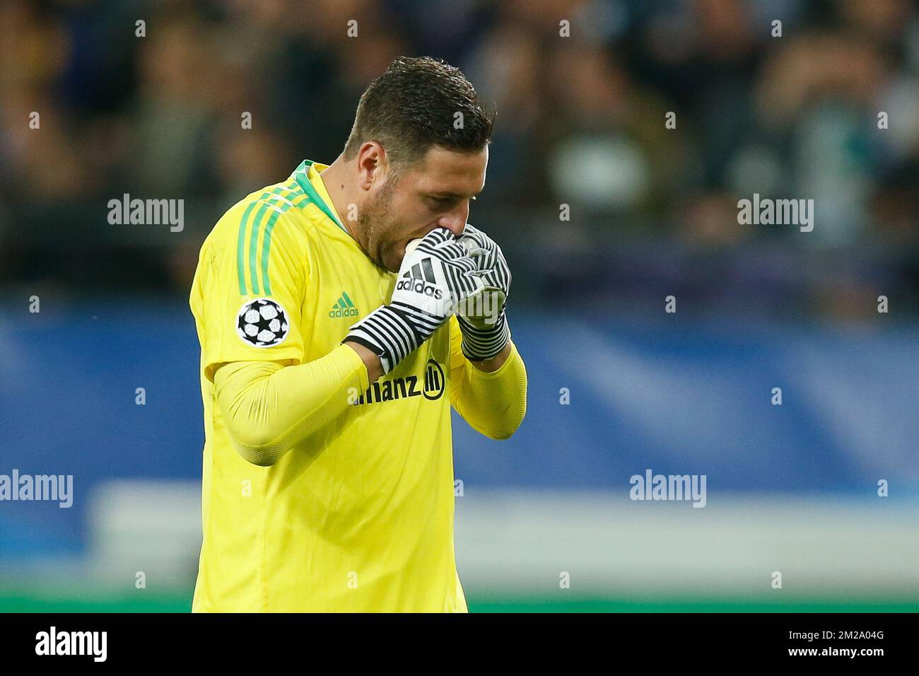 Anderlecht's goalkeeper Frank Boeckx looks dejected during the second game in the group stage (Group B) of the UEFA Champions League competition between Belgian soccer team RSC Anderlecht and Scottish Celtic FC, Wednesday 27 September 2017 in Brussels. BELGA PHOTO BRUNO FAHY Stock Photo
