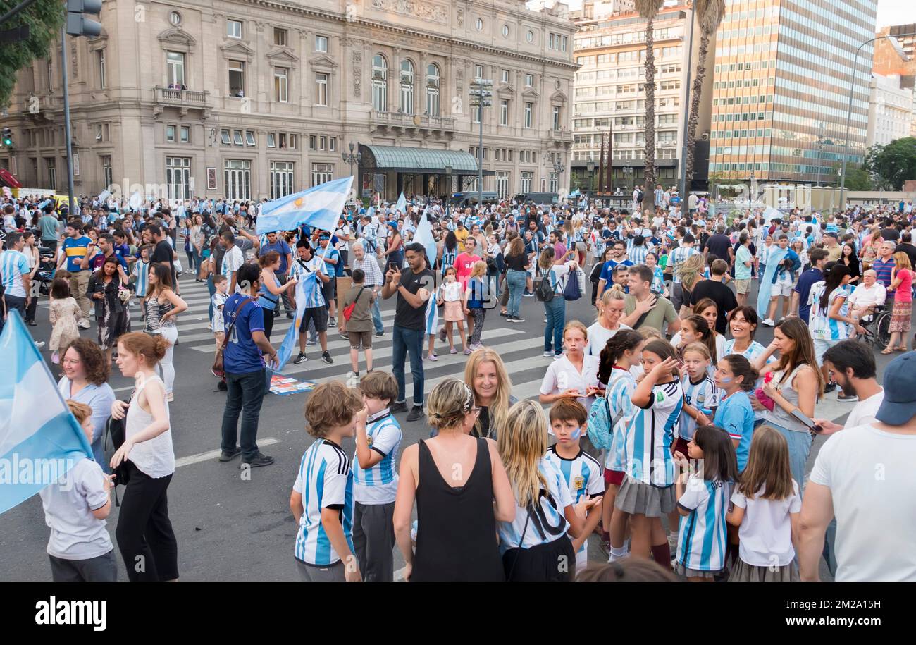 Argentine football fans on 9th July Avenue, Buenos Aires, Argentina celebrate their national team reaching the final of the FIFA World,Cup Stock Photo