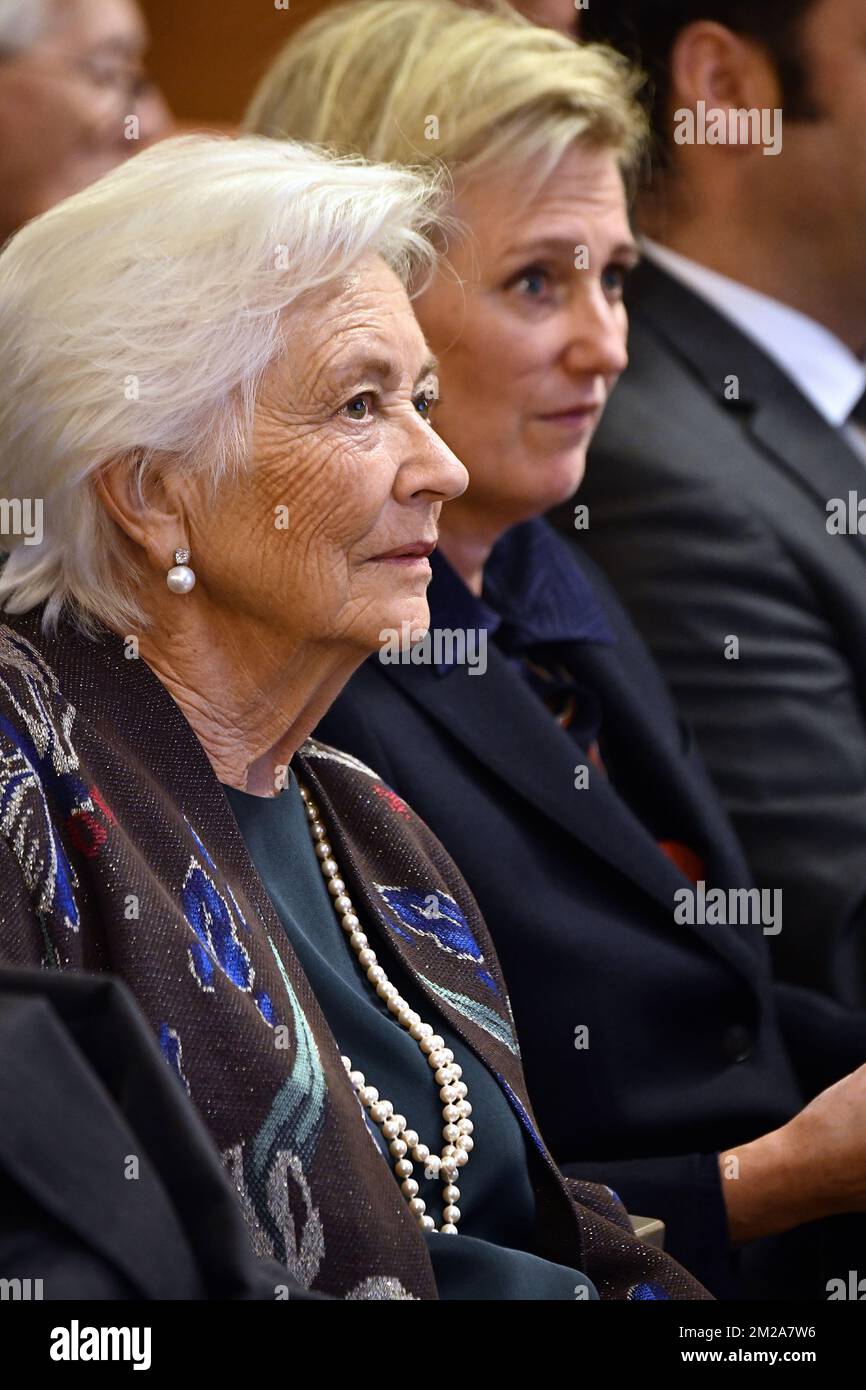 Queen Paola of Belgium and Princess Astrid of Belgium pictured during the  award ceremony of the Terre d'avenir / Focus Aarde prize in Brussels  Academy palace, Wednesday 11 October 2017. This award