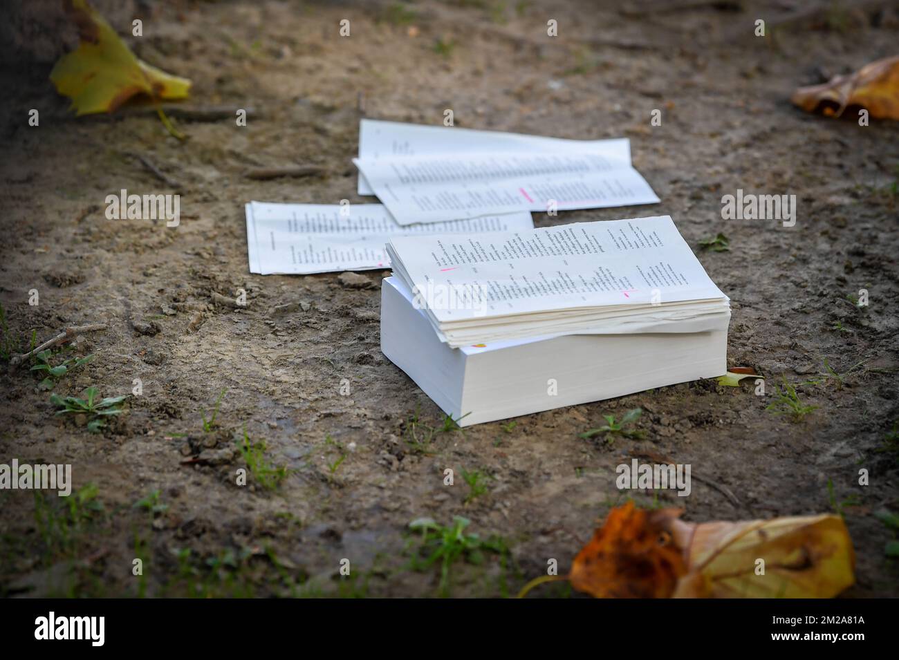 Illustration picture shows the Quran on the ground during a protest action of Belgian far-right politician Dewinter of Vlaams Belang at the The Great Mosque of Brussels, Thursday 12 October 2017. Dewinter announced he would 'rip verses calling for hate' out of the Quran, thus creating a 'European Islam'. BELGA PHOTO LUC CLAESSEN Stock Photo