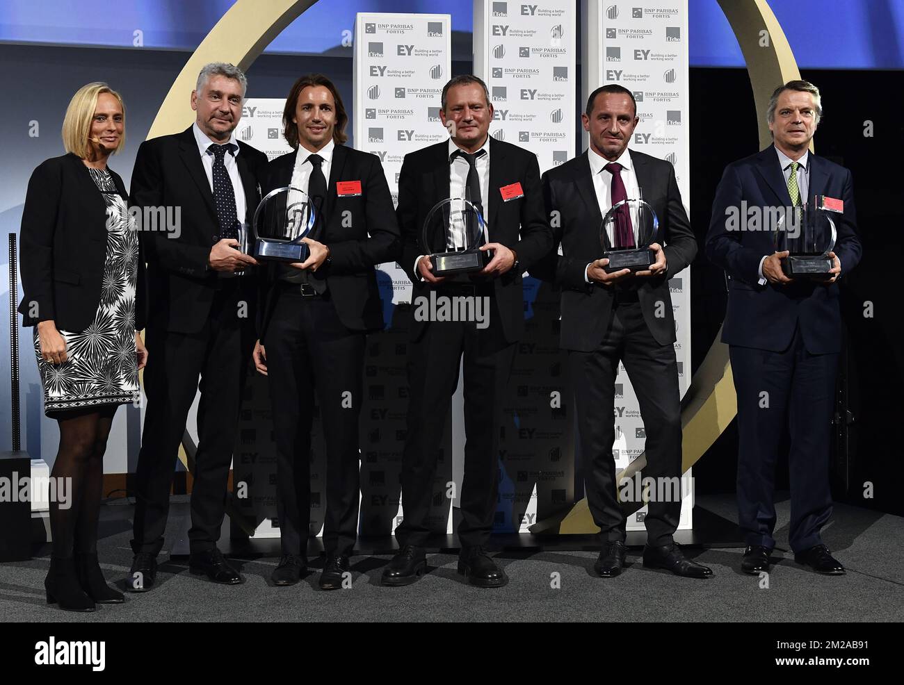(from 2L) Emmanuel Mewissen of Ardent Group, Nicolas Leonard of Ardent Group, Philippe Colon of Colona, Yves Bastin of Fact Group and Spadel's CEO Marc Du Bois pictured during the award ceremony for the the 'Entreprise de l'annee' (French-speaking company of the year), Monday 16 October 2017, in Brussels. BELGA PHOTO ERIC LALMAND Stock Photo