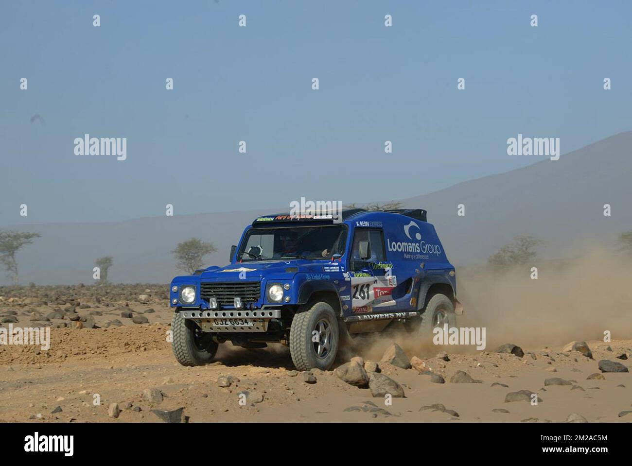 Belgium's Jacky Loomans and Marc Lauwers steer their Land Rover car during the 6th stage of the 26th Dakar rally raid, between Ouarzazate and Tan-Tan in Morocco. Stock Photo
