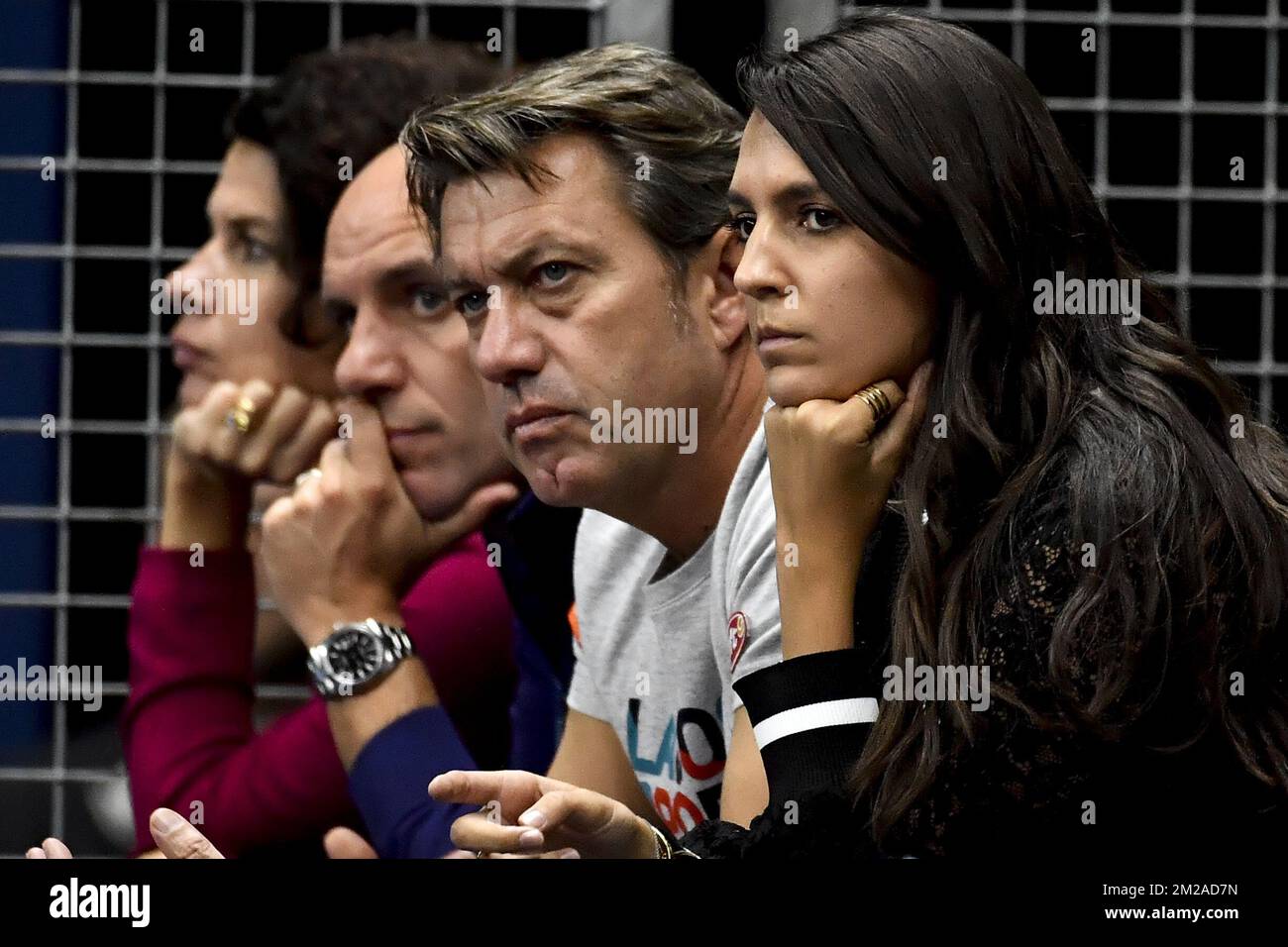 Goffin's coach Thierry Van Cleemput and Goffin's girlfriend, Stephanie pictured during the game between Belgian David Goffin and US Frances Tiafoe in the second round on the fourth day of the ATP Antwerp tennis tournement on hard court, Thursday 19 October 2017, in Antwerp. BELGA PHOTO DIRK WAEM Stock Photo