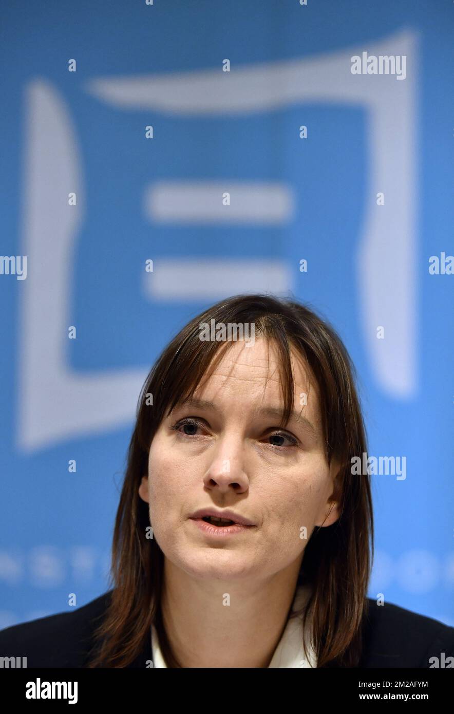 Deputy Director Liesbet Stevens pictured during a press conference of the institute for the equality of women and men for the launch of the campaign against discrimination linked with pregnancy, called 'Maman reset a bord' - 'Mama blijf aan boord', in Brussels, Monday 23 October 2017. BELGA PHOTO ERIC LALMAND Stock Photo