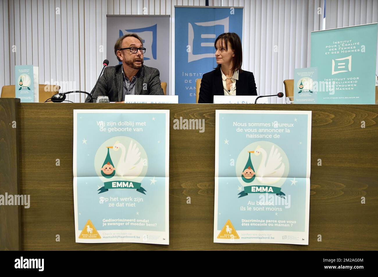 Director Michel Pasteel and Deputy Director Liesbet Stevens pictured during a press conference of the institute for the equality of women and men for the launch of the campaign against discrimination linked with pregnancy, called 'Maman reset a bord' - 'Mama blijf aan boord', in Brussels, Monday 23 October 2017. BELGA PHOTO ERIC LALMAND Stock Photo