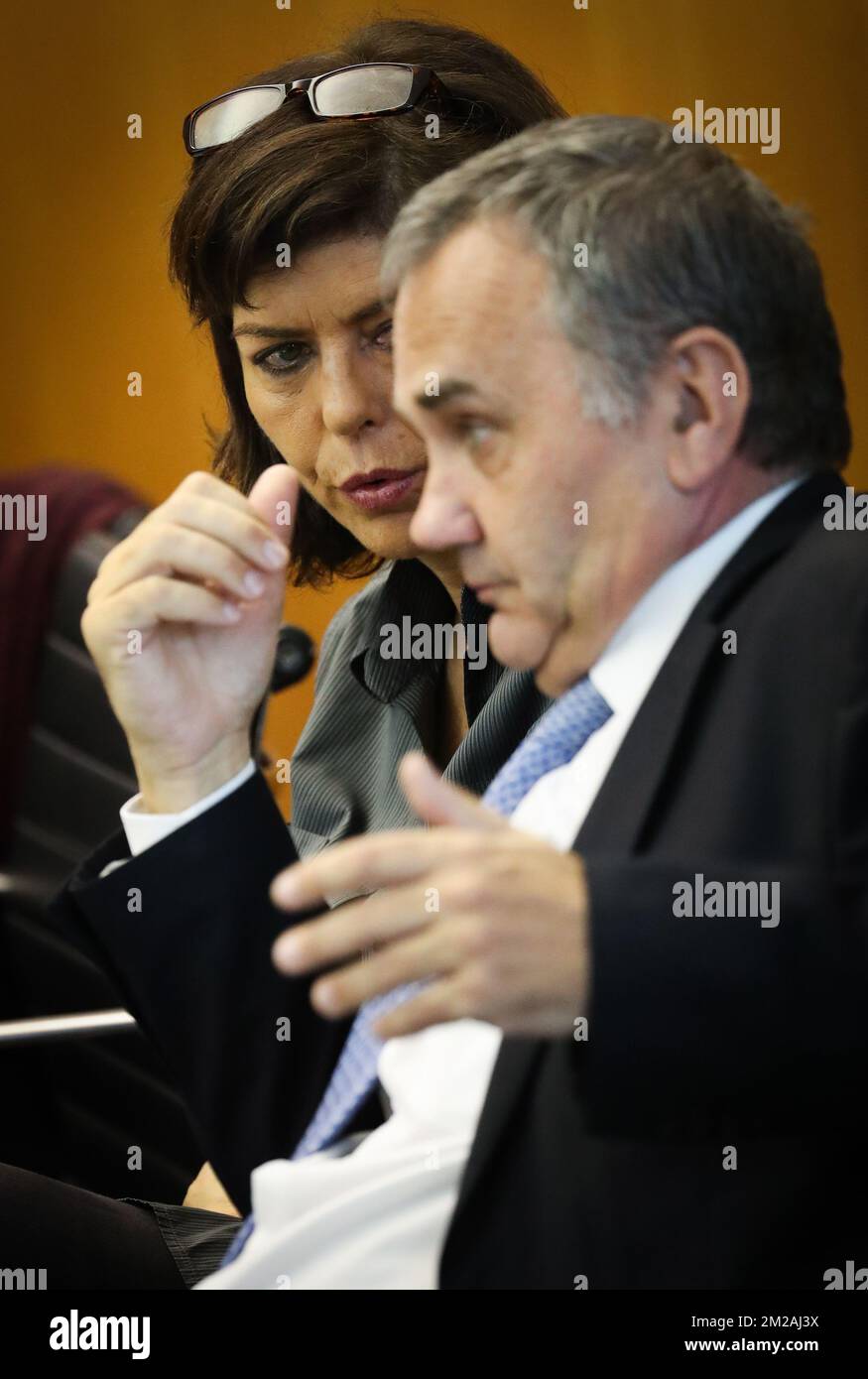 Joelle Milquet and cdH's head of group Benoit Cerexhe pictured during a plenary session of the parliament of the Brussels Region in Brussels, Thursday 26 October 2017. BELGA PHOTO VIRGINIE LEFOUR Stock Photo