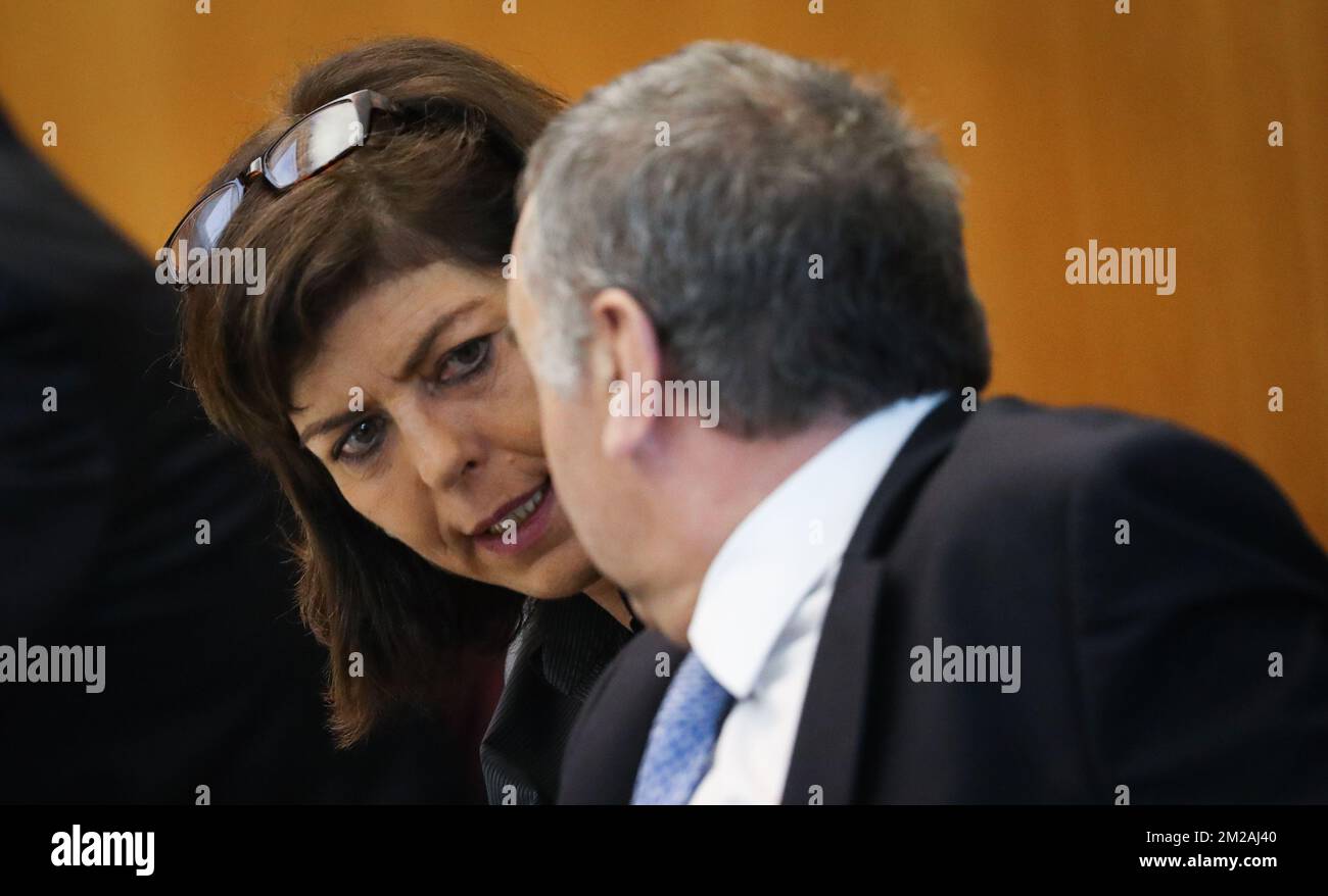 Joelle Milquet and cdH's head of group Benoit Cerexhe pictured during a plenary session of the parliament of the Brussels Region in Brussels, Thursday 26 October 2017. BELGA PHOTO VIRGINIE LEFOUR Stock Photo